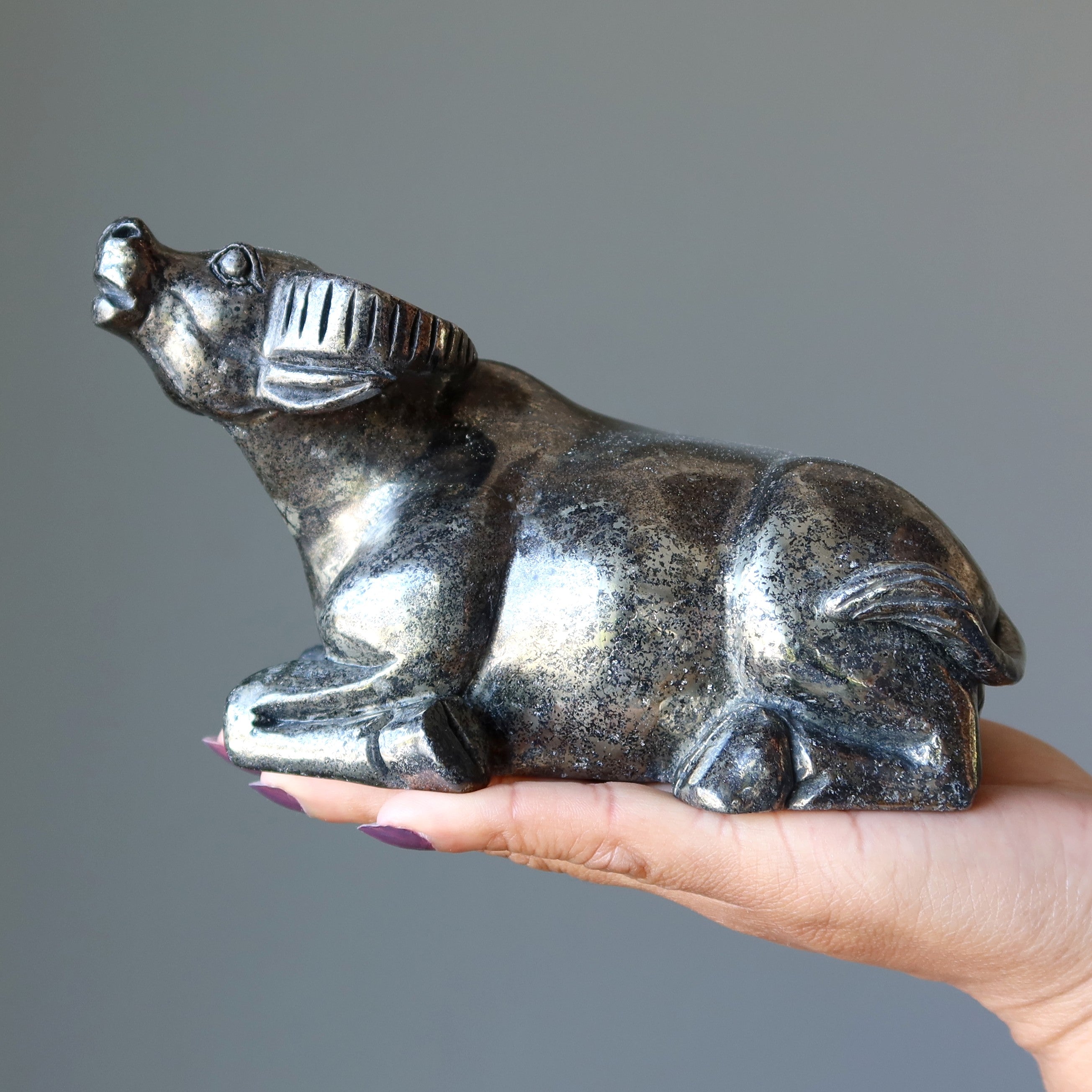 Statue animale de taureau en pyrite, or brillant, richesse, prospérité, XL 16,5 cm