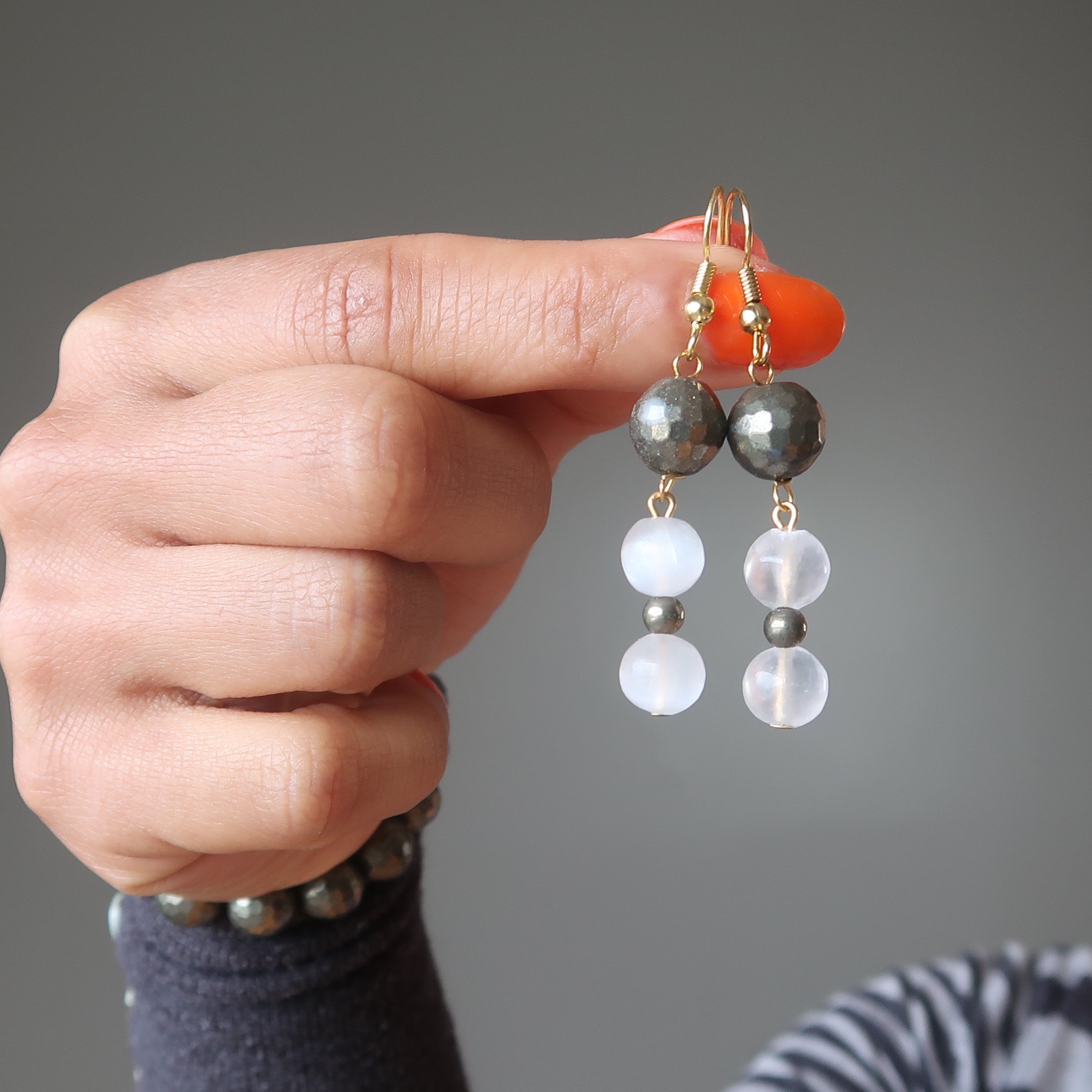 Pyrite Earrings Radiant White Selenite Spotlight Faceted