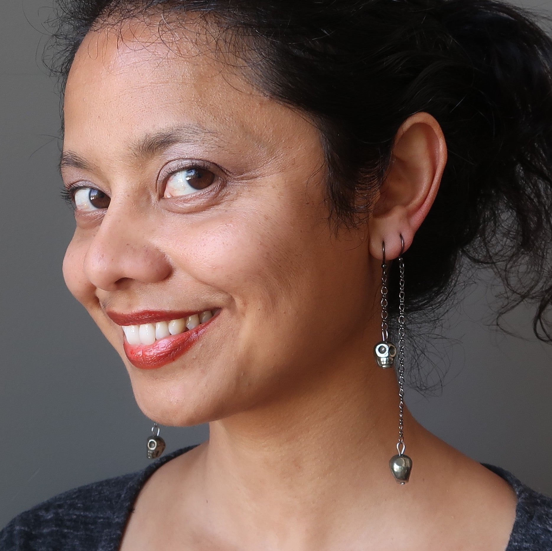 Pyrite Earrings Rocking Fun Skull Skeleton Chain