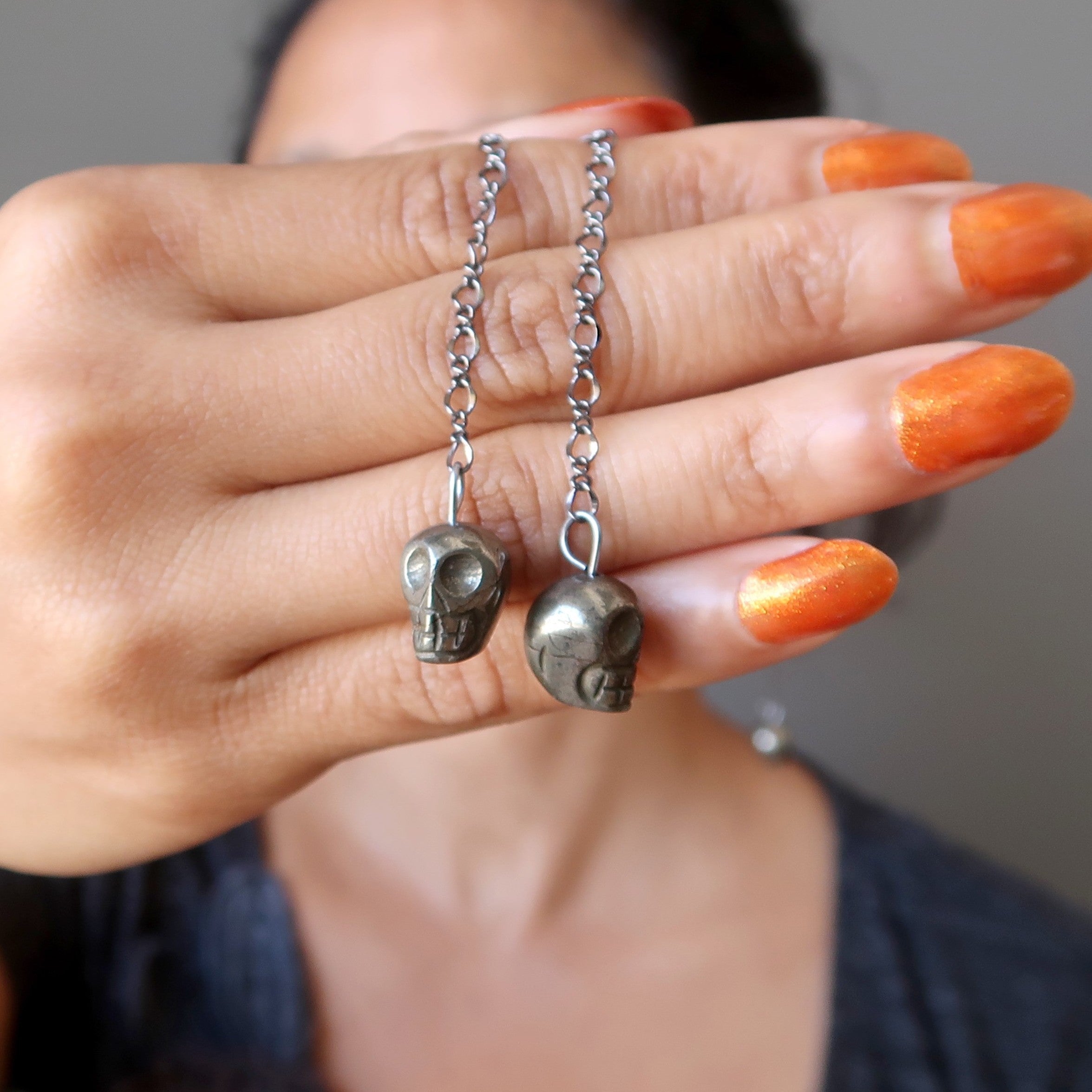 Pyrite Earrings Rocking Fun Skull Skeleton Chain