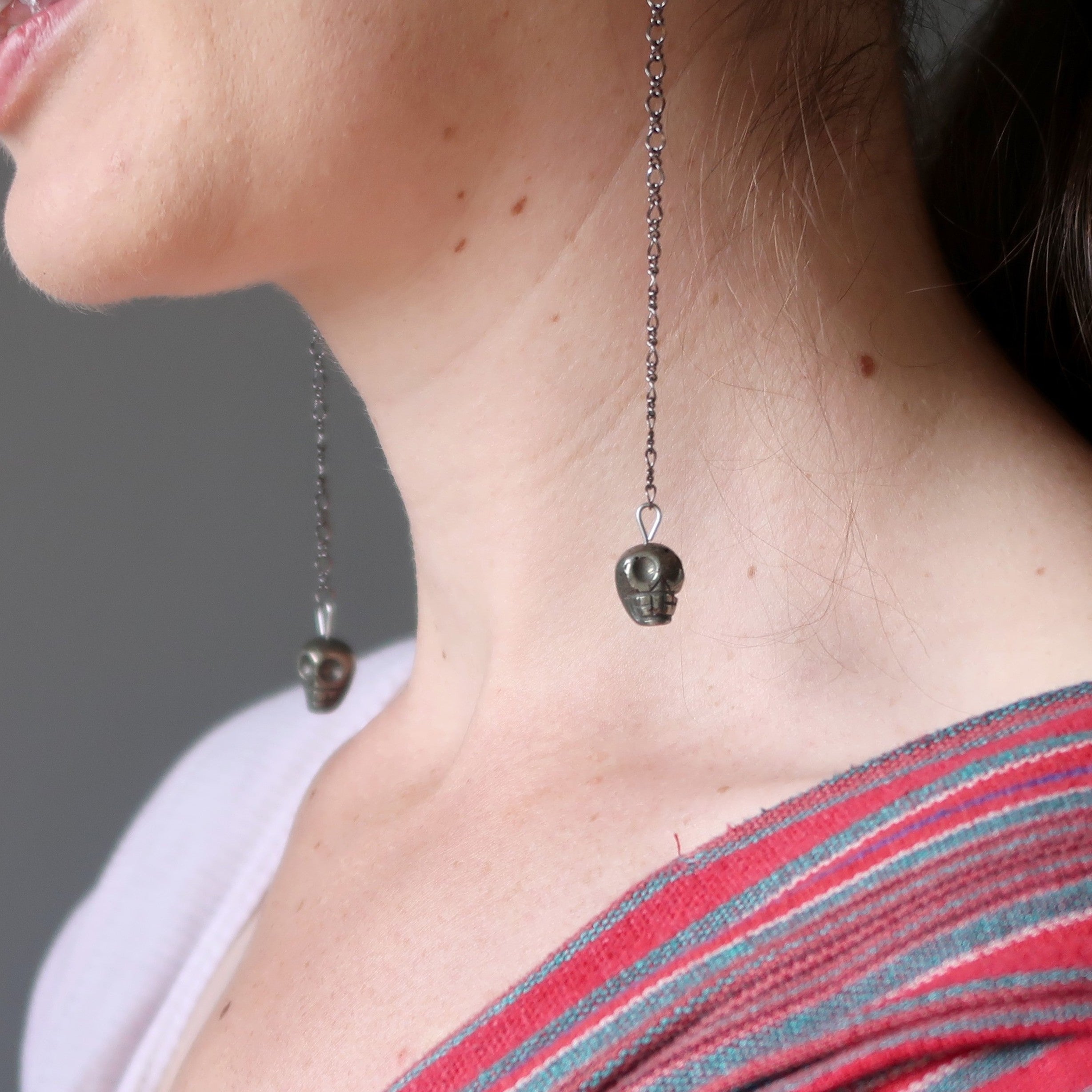Pyrite Earrings Rocking Fun Skull Skeleton Chain