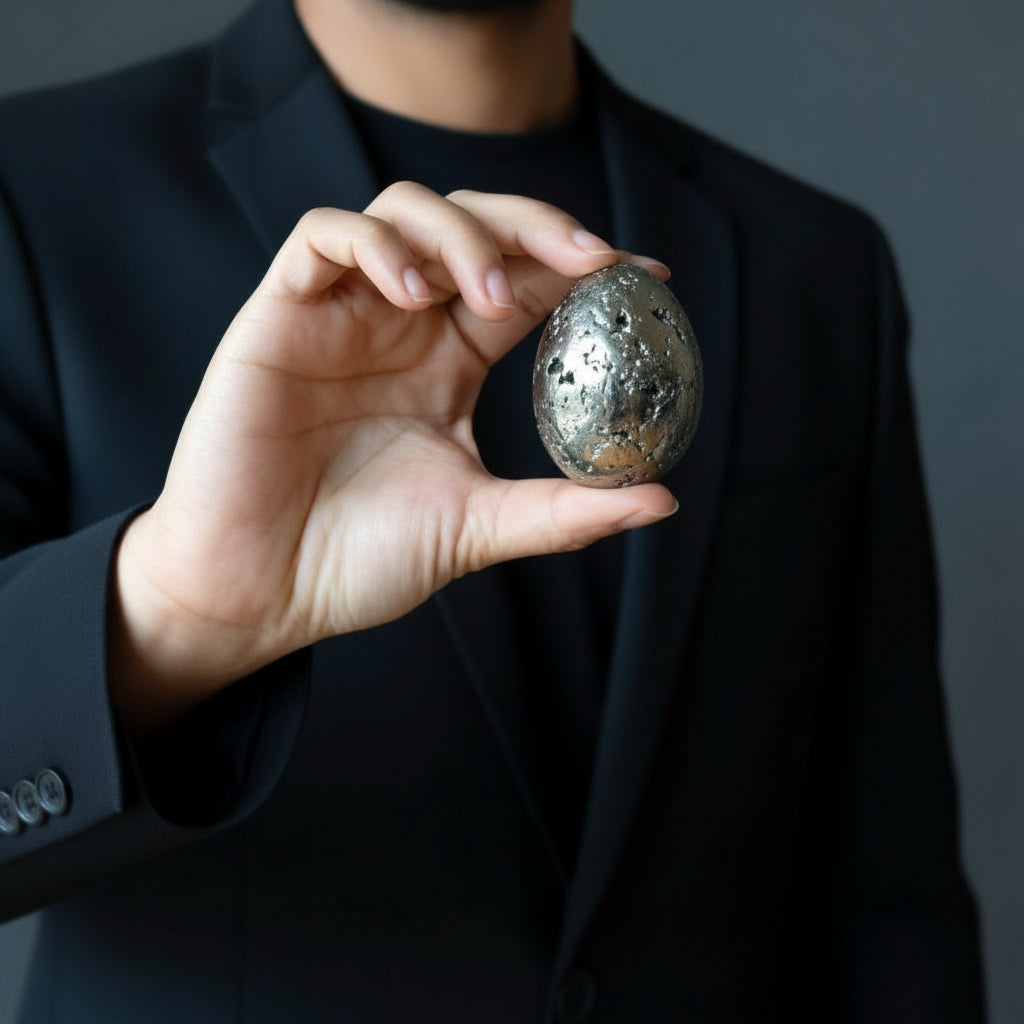 Œuf de pyrite prospérité dorée, amas de cristaux étincelants