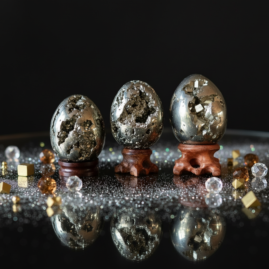 Œuf de pyrite prospérité dorée, amas de cristaux étincelants