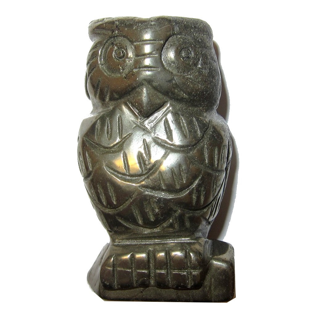 Figurine hibou en pyrite, oiseau de la sagesse en pierre dorée sculptée