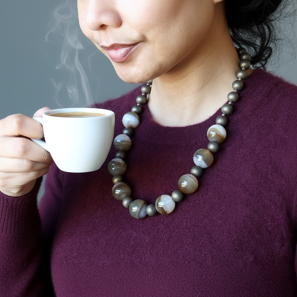 Kette aus braunem Kaffee-Achat und Schnee-Quarz