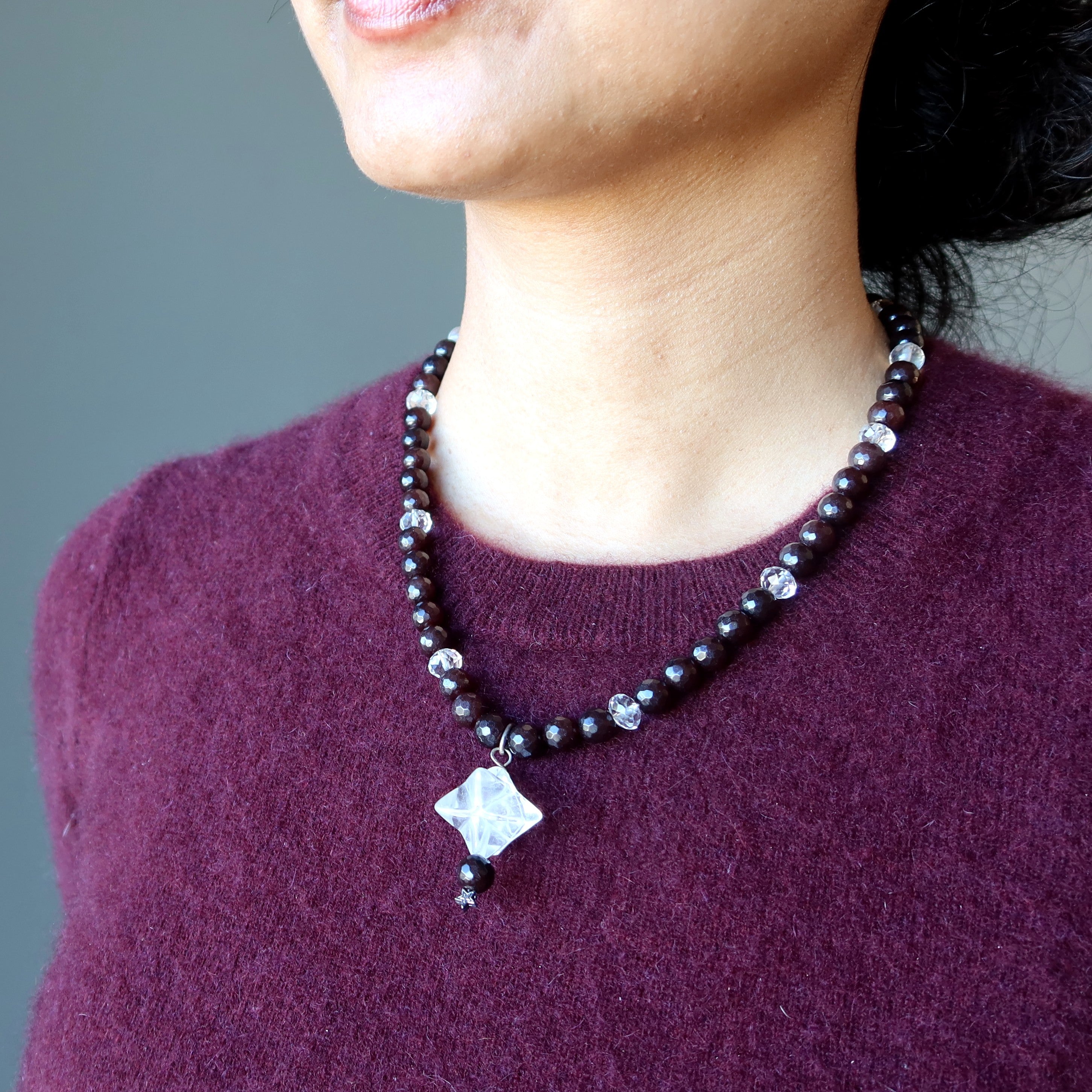 Clear Quartz Necklace Merkaba Star Chalcedony