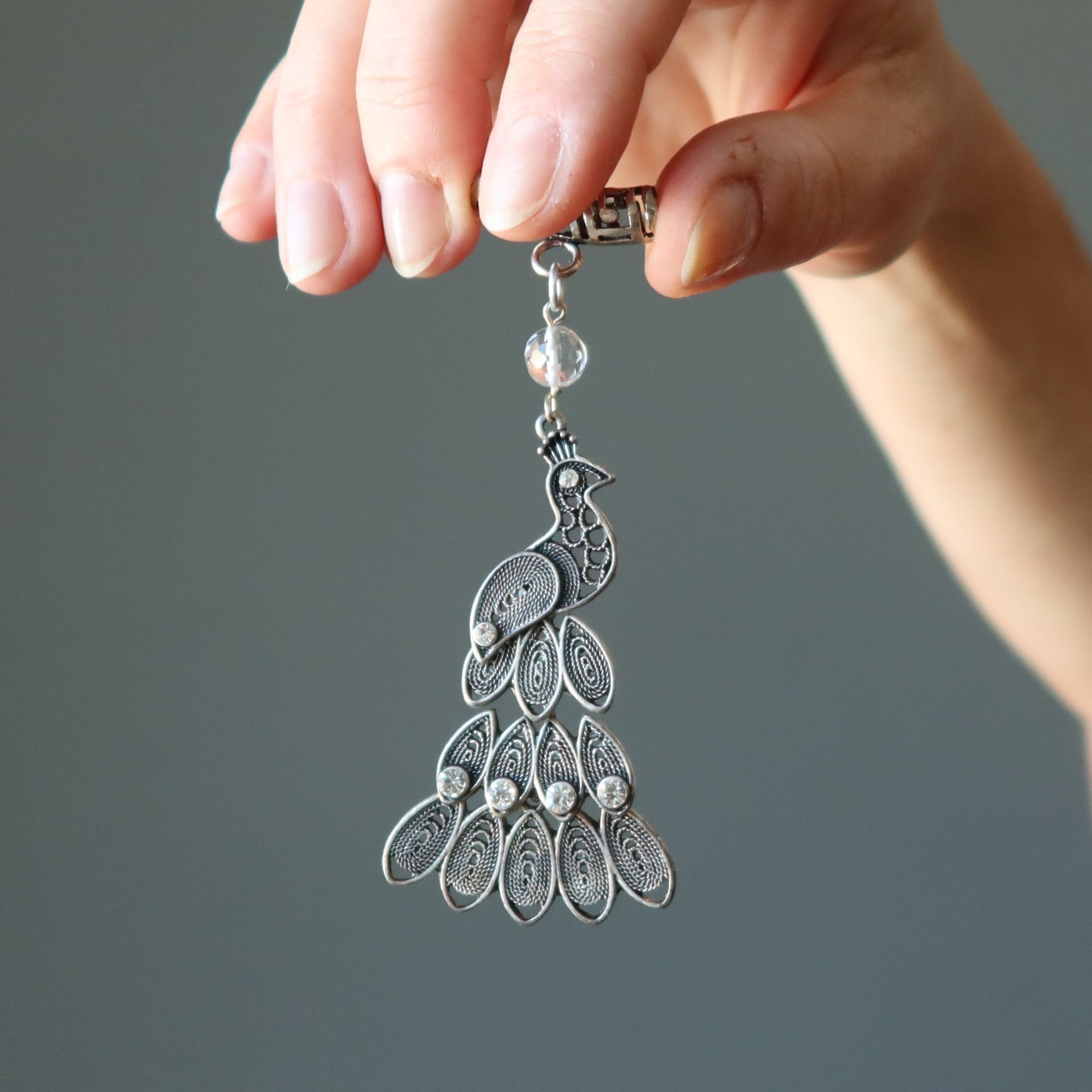 Clear Quartz Pendant Fancy Peacock Silver