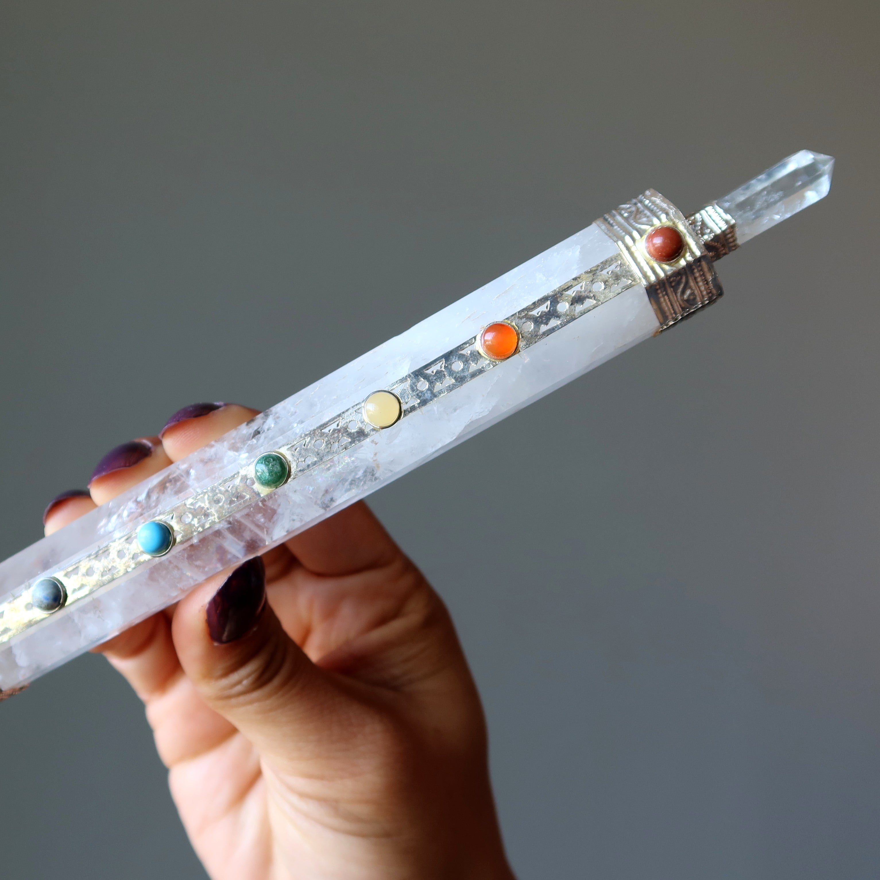 Clear Quartz Wand Aura Cleanser with Chakra Stones