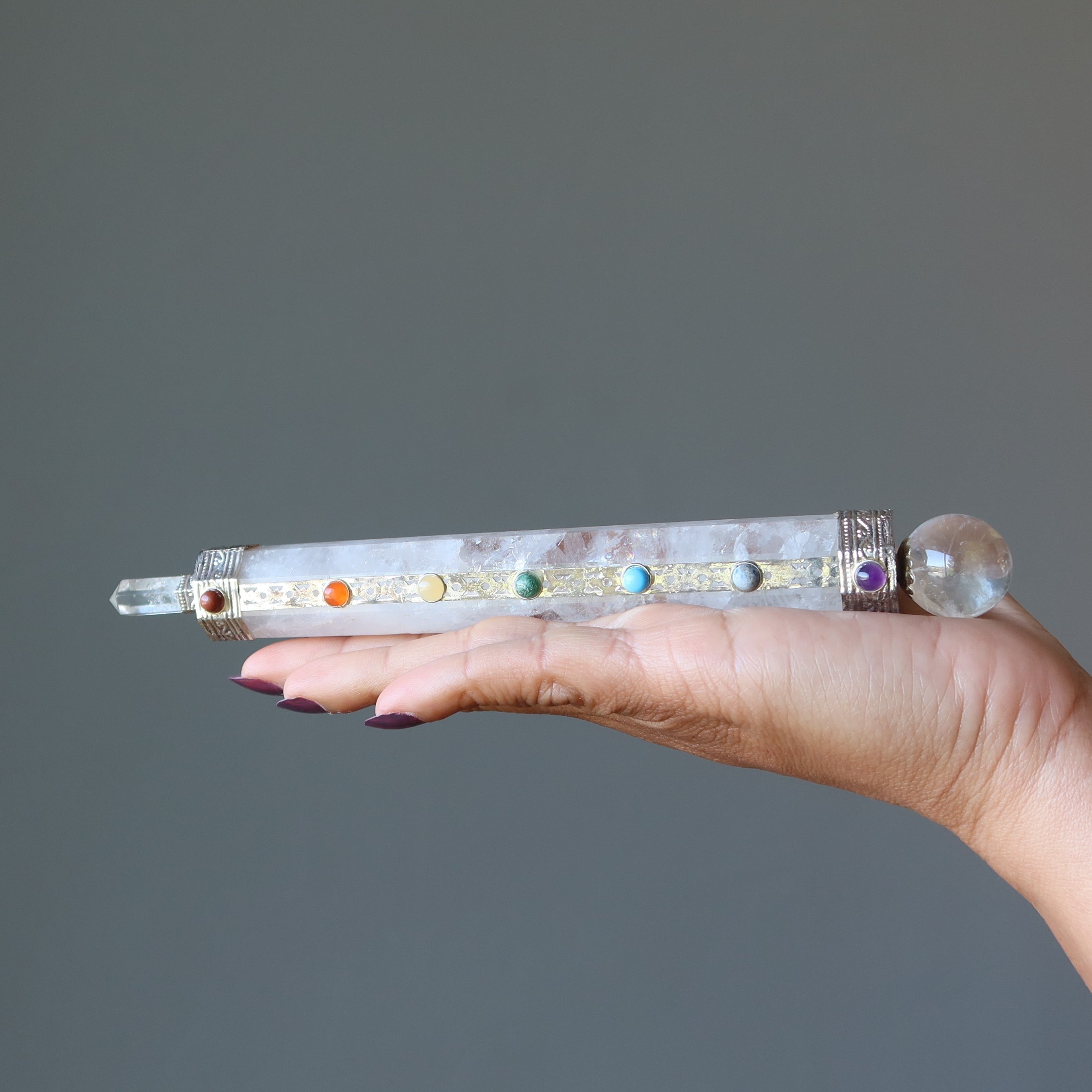 Clear Quartz Wand Aura Cleanser with Chakra Stones