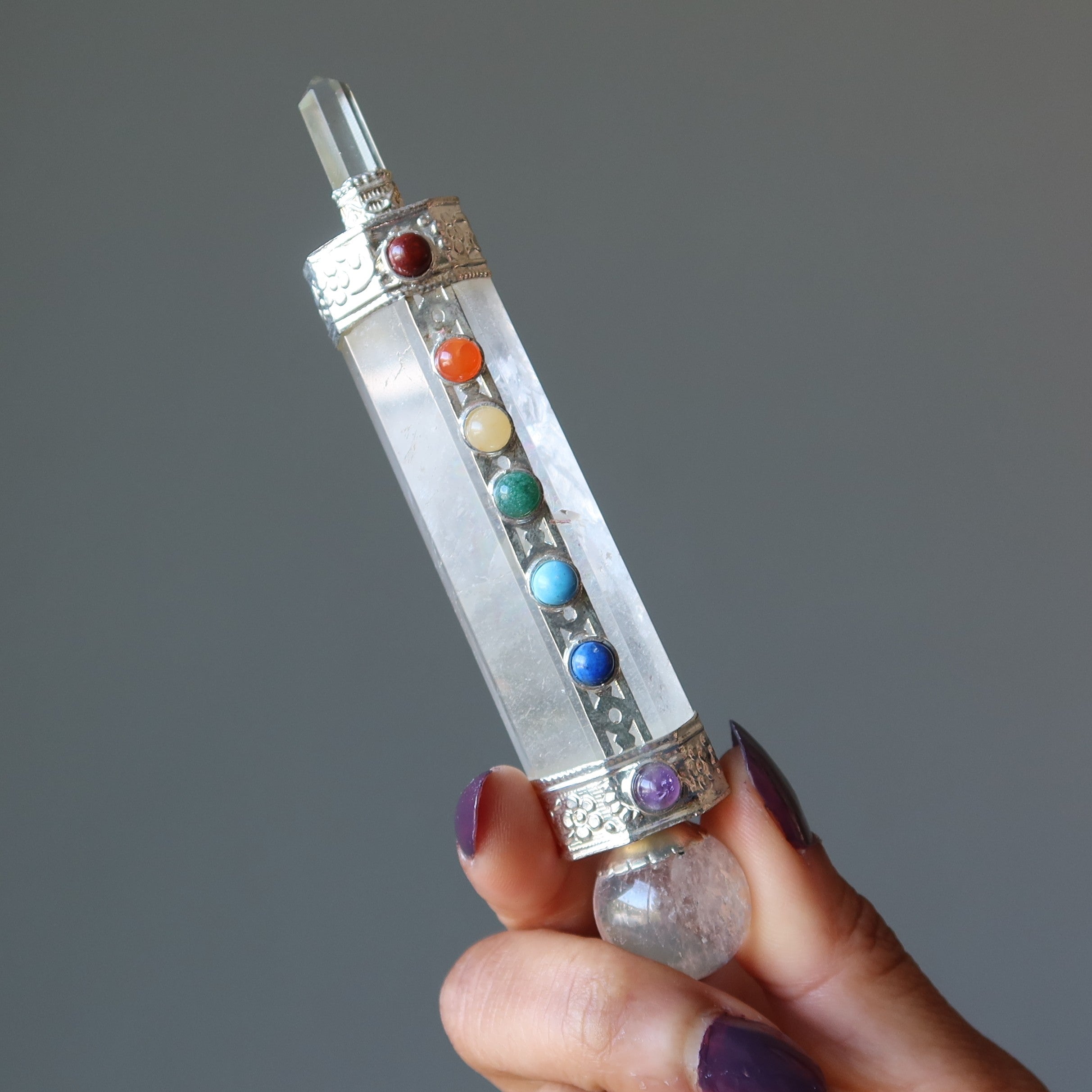 Clear Quartz Wand Aura Cleanser with Chakra Stones