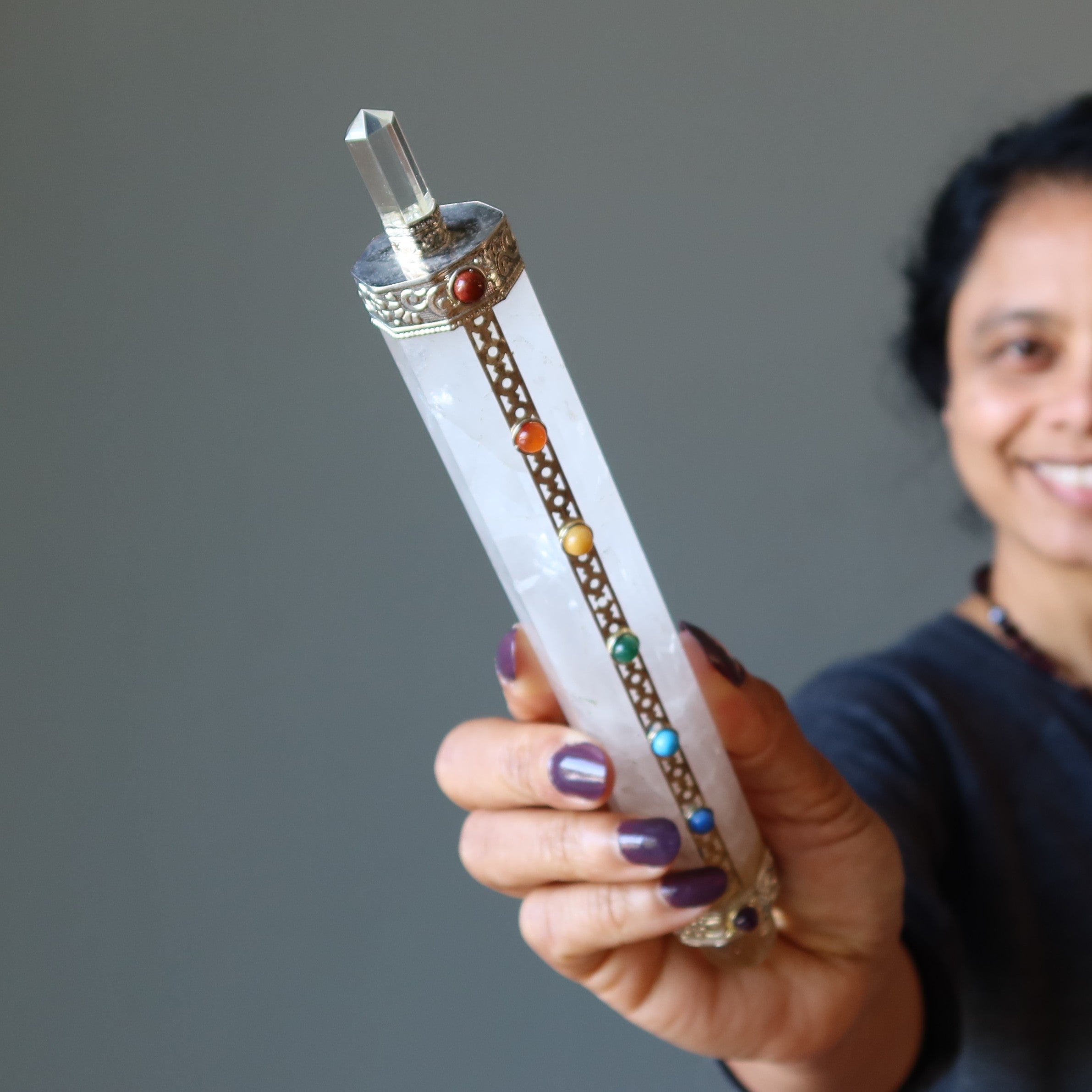Clear Quartz Wand Aura Cleanser with Chakra Stones