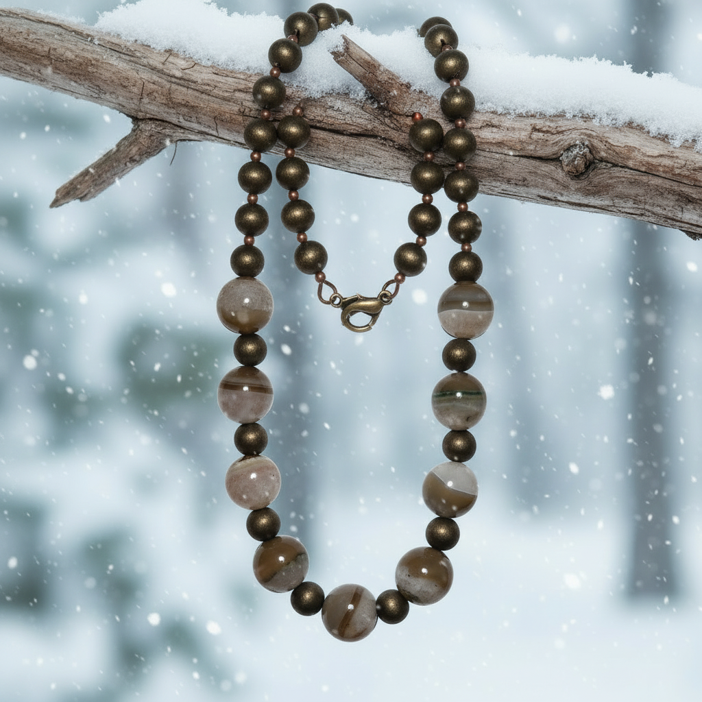 Kette aus braunem Kaffee-Achat und Schnee-Quarz
