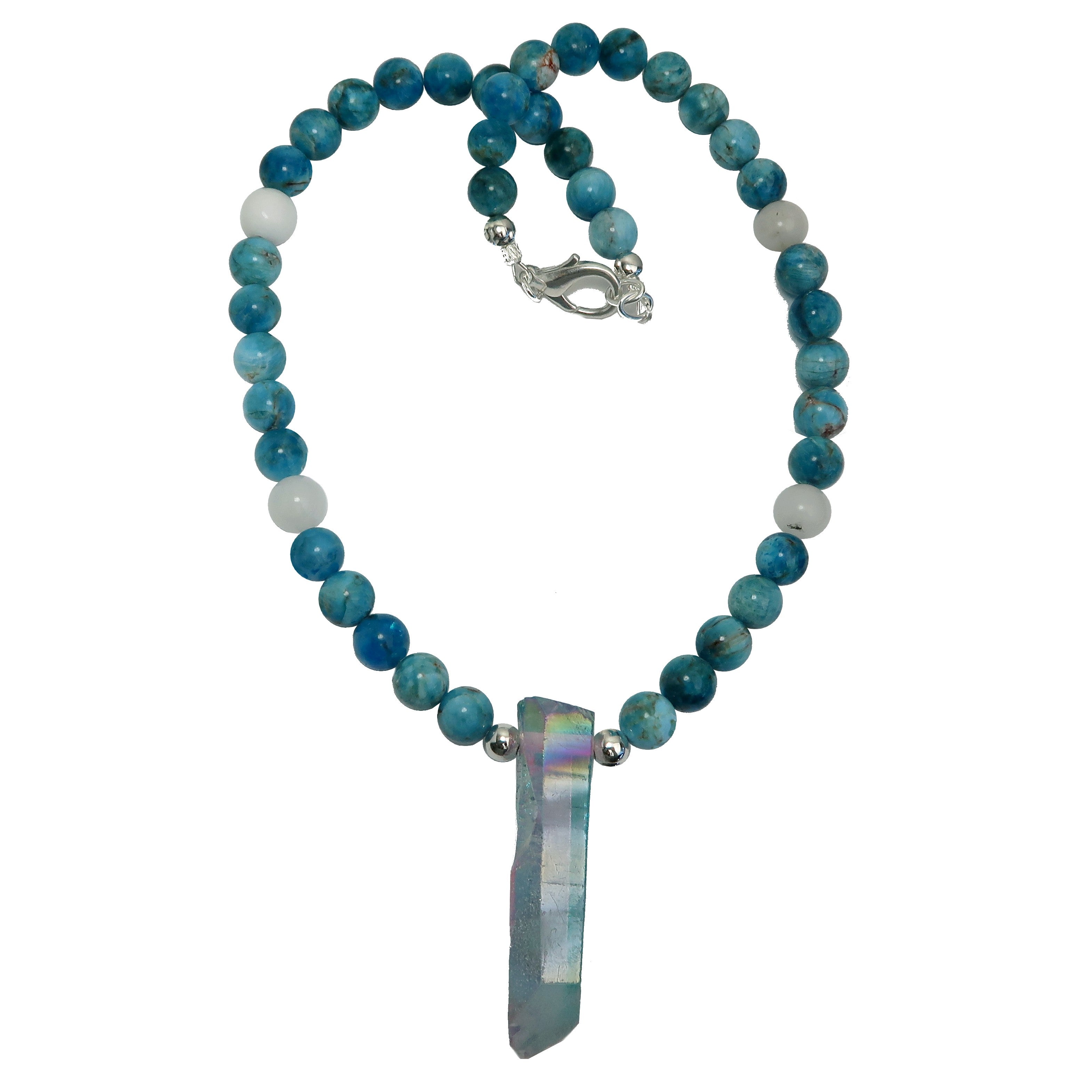 Collier Aura Quartz Apatite Bleu Aqua Blanc Neige Pierre d'Apparat Pointe