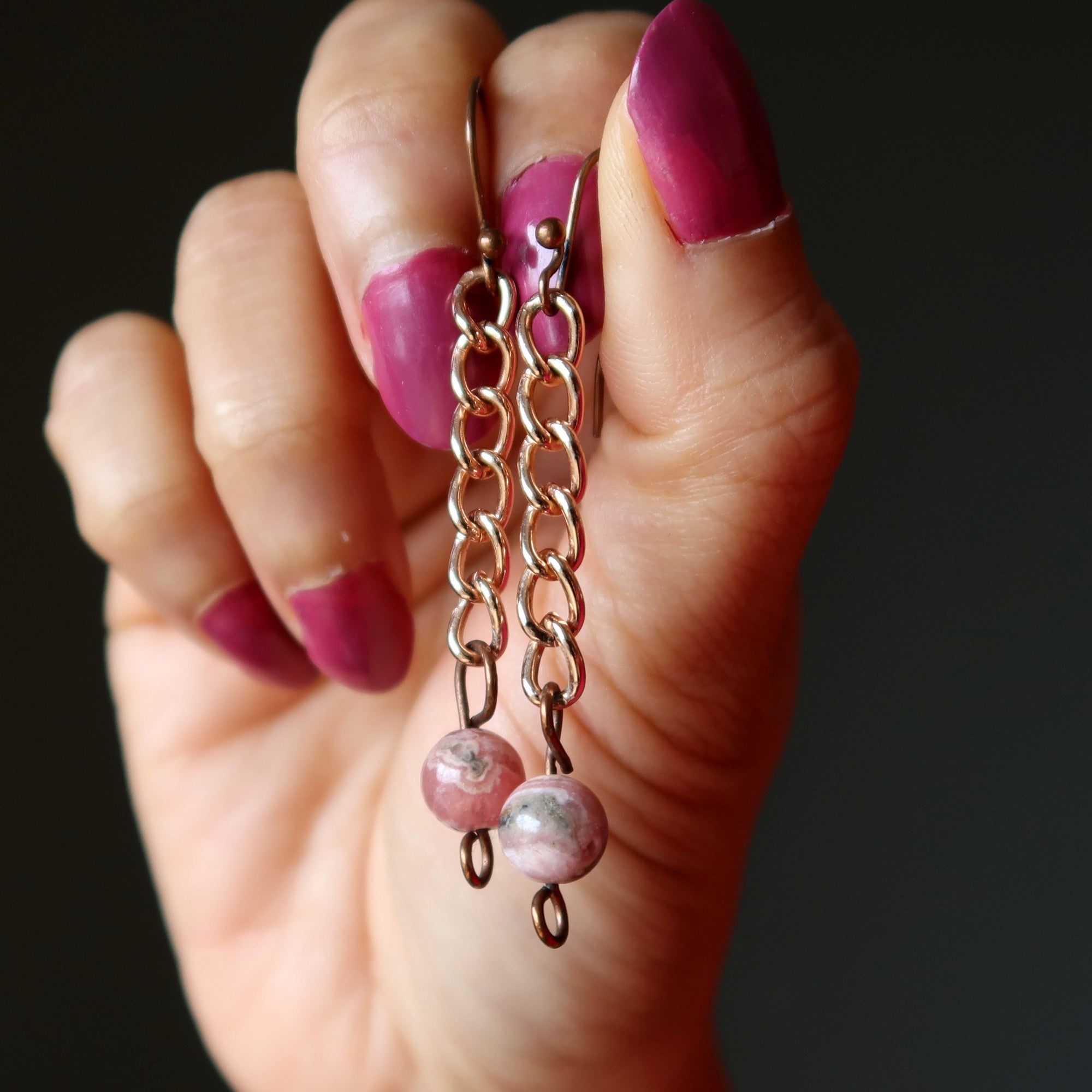 Rhodochrosite Earrings Love Shines Pink Copper Chain