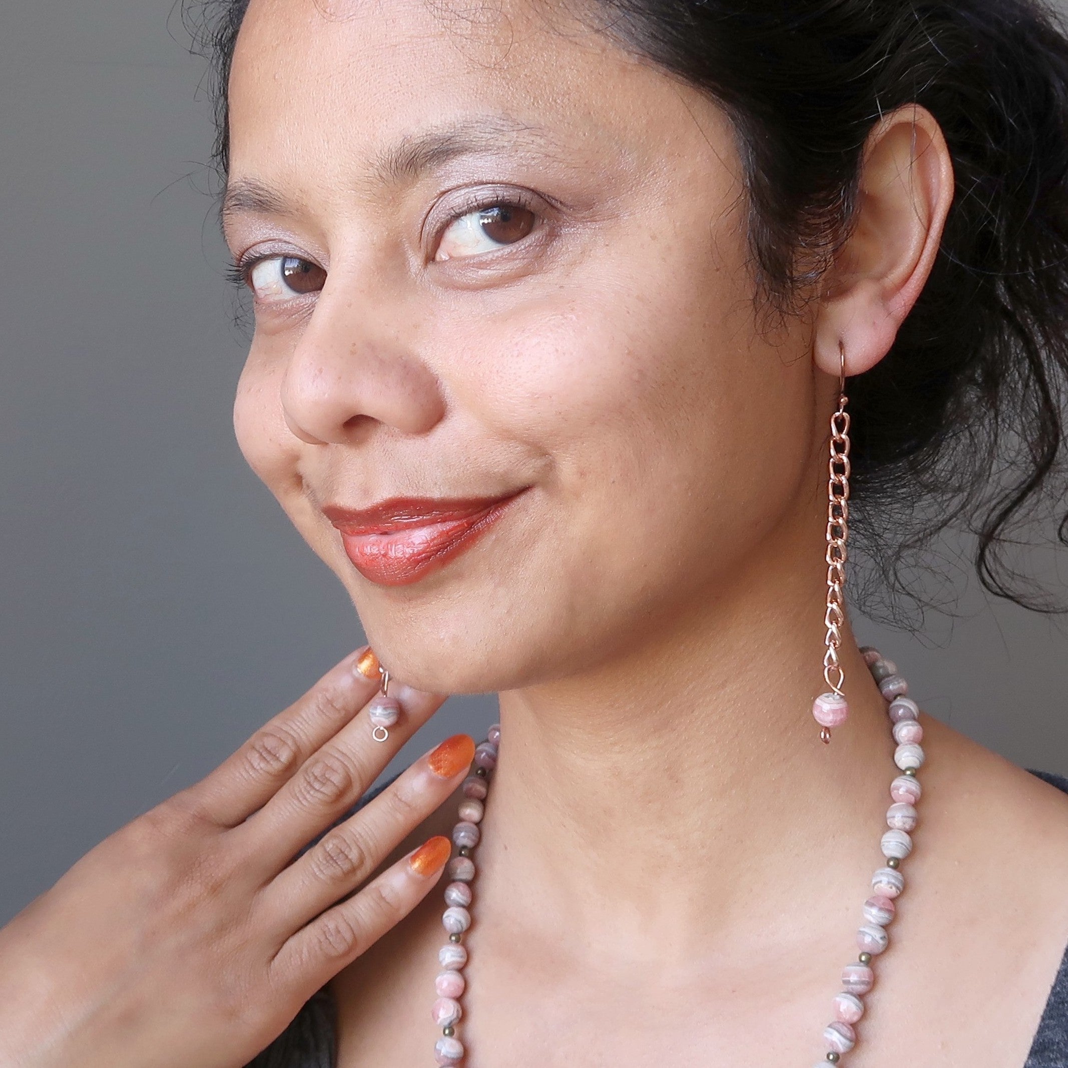 Rhodochrosite Earrings Love Shines Pink Copper Chain