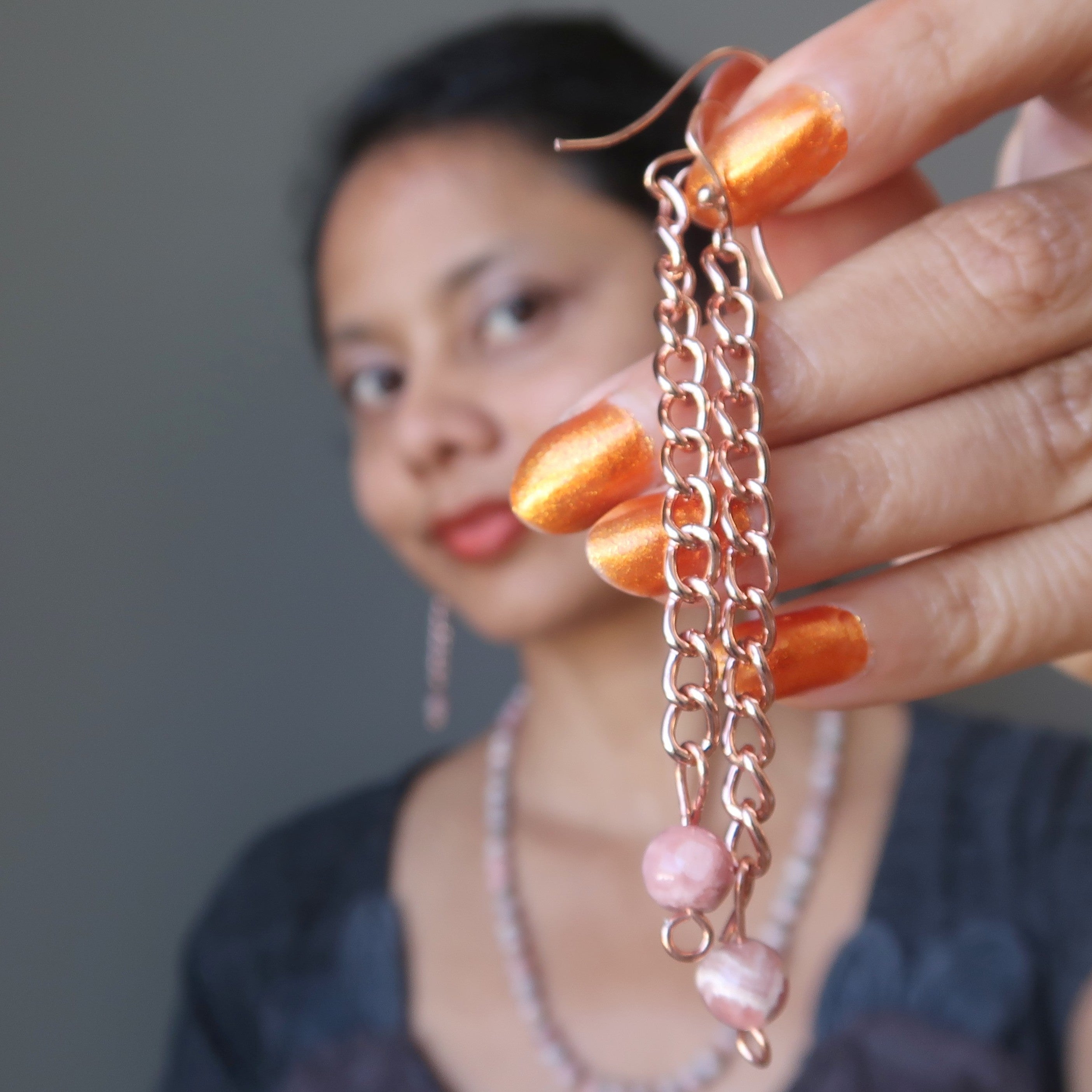 Rhodochrosite Earrings Love Shines Pink Copper Chain