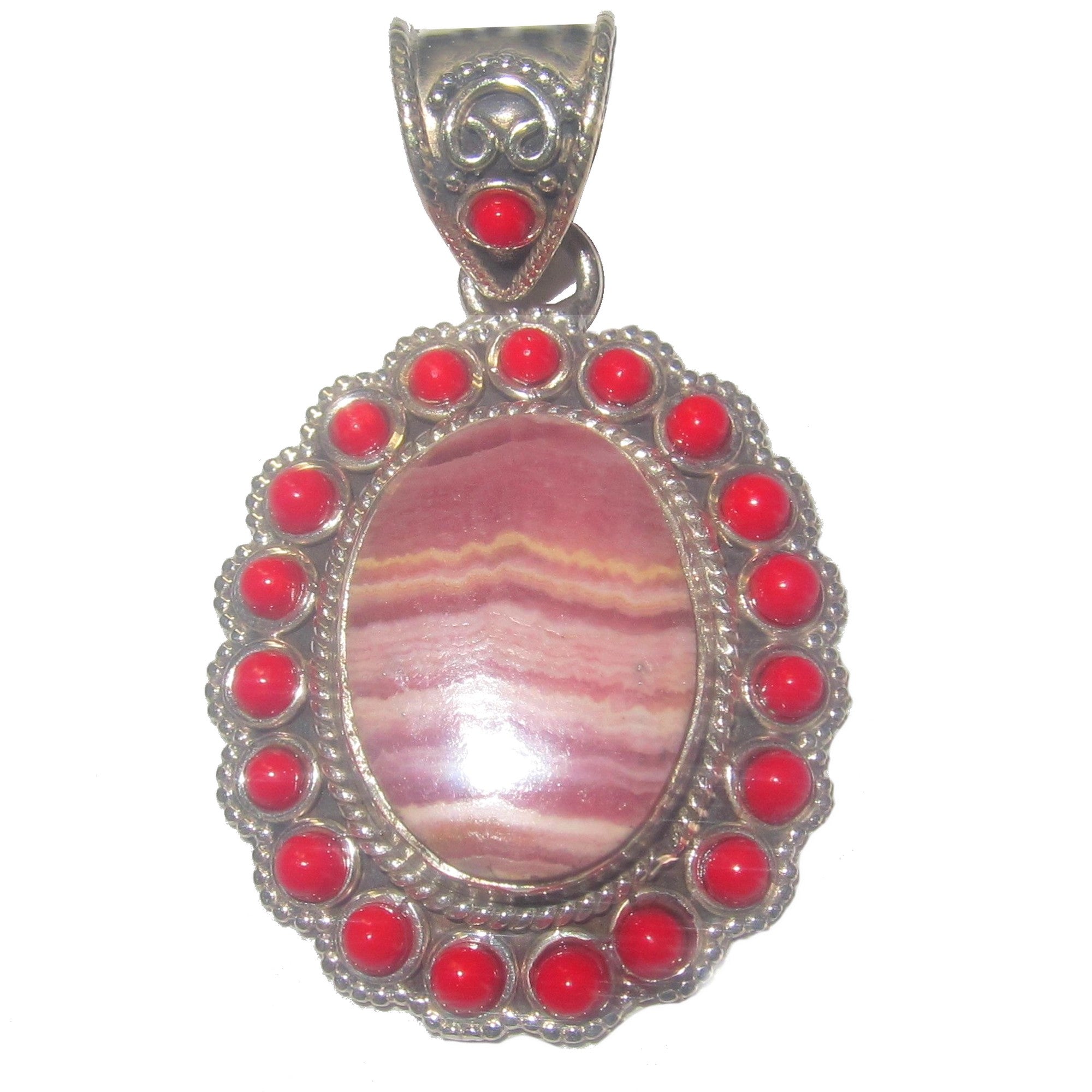 Rhodochrosite Pendant Red Coral Sterling Silver