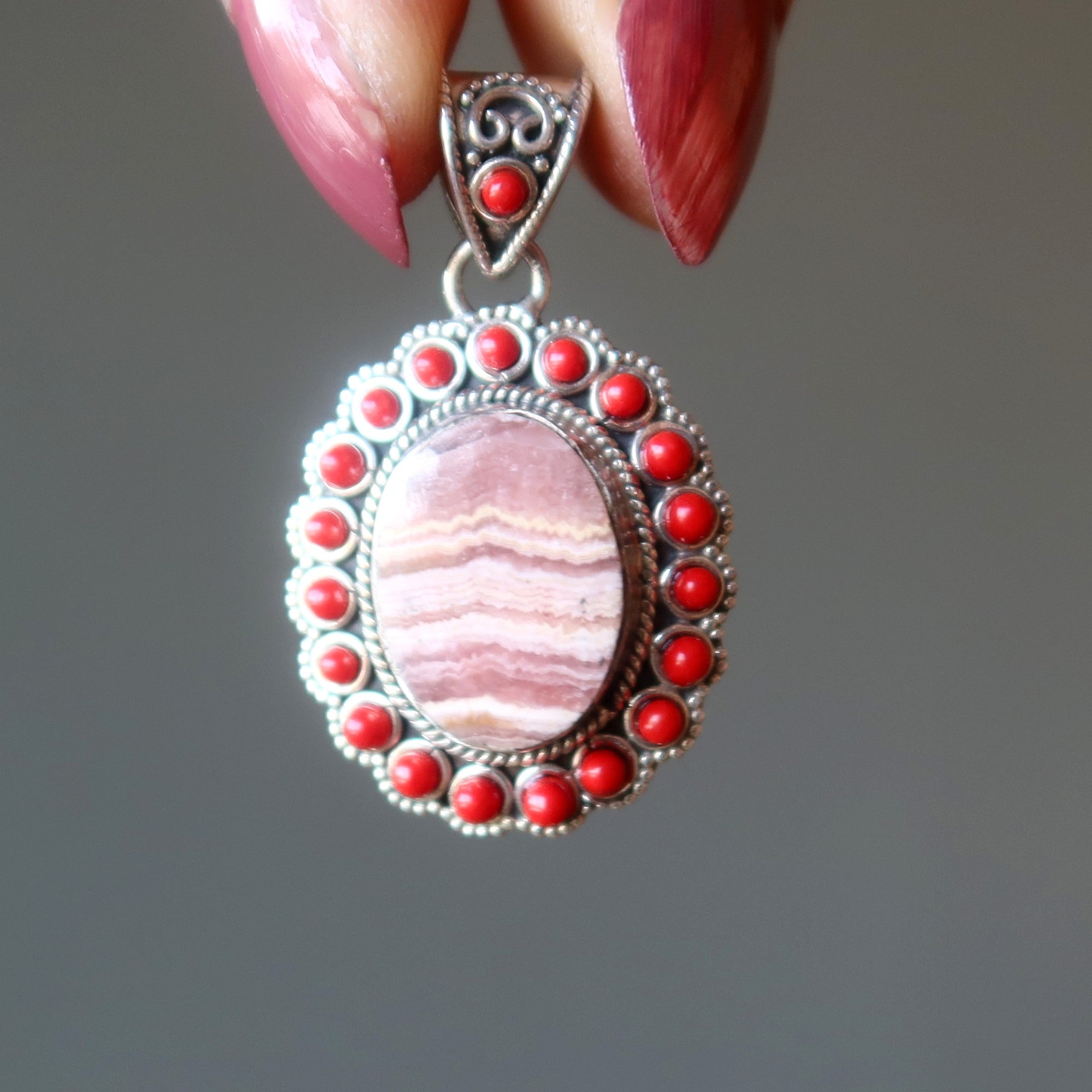 Rhodochrosite Pendant Red Coral Sterling Silver