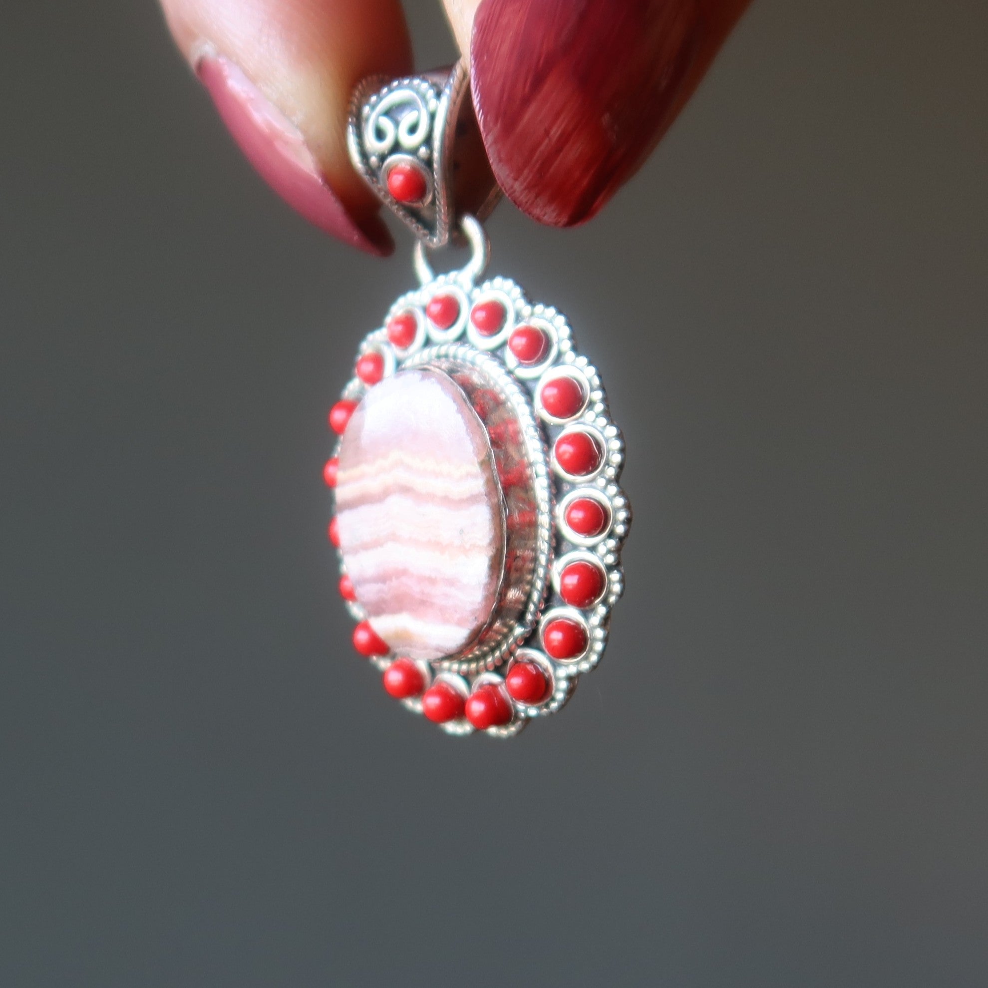 Rhodochrosite Pendant Red Coral Sterling Silver