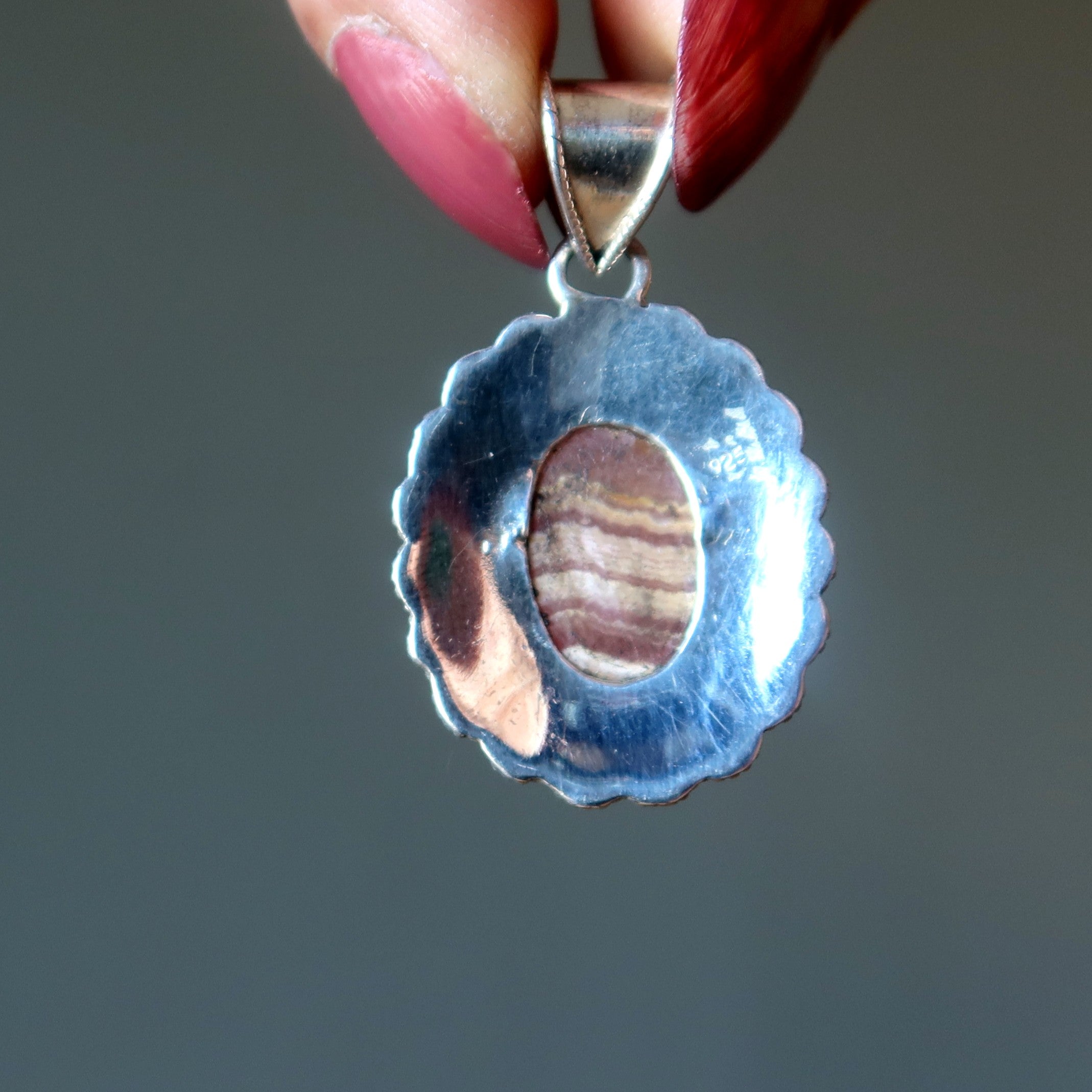 Rhodochrosite Pendant Red Coral Sterling Silver