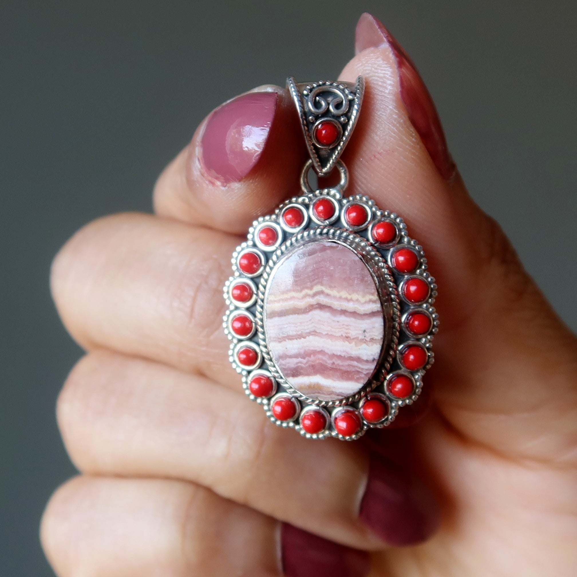 Rhodochrosite Pendant Red Coral Sterling Silver