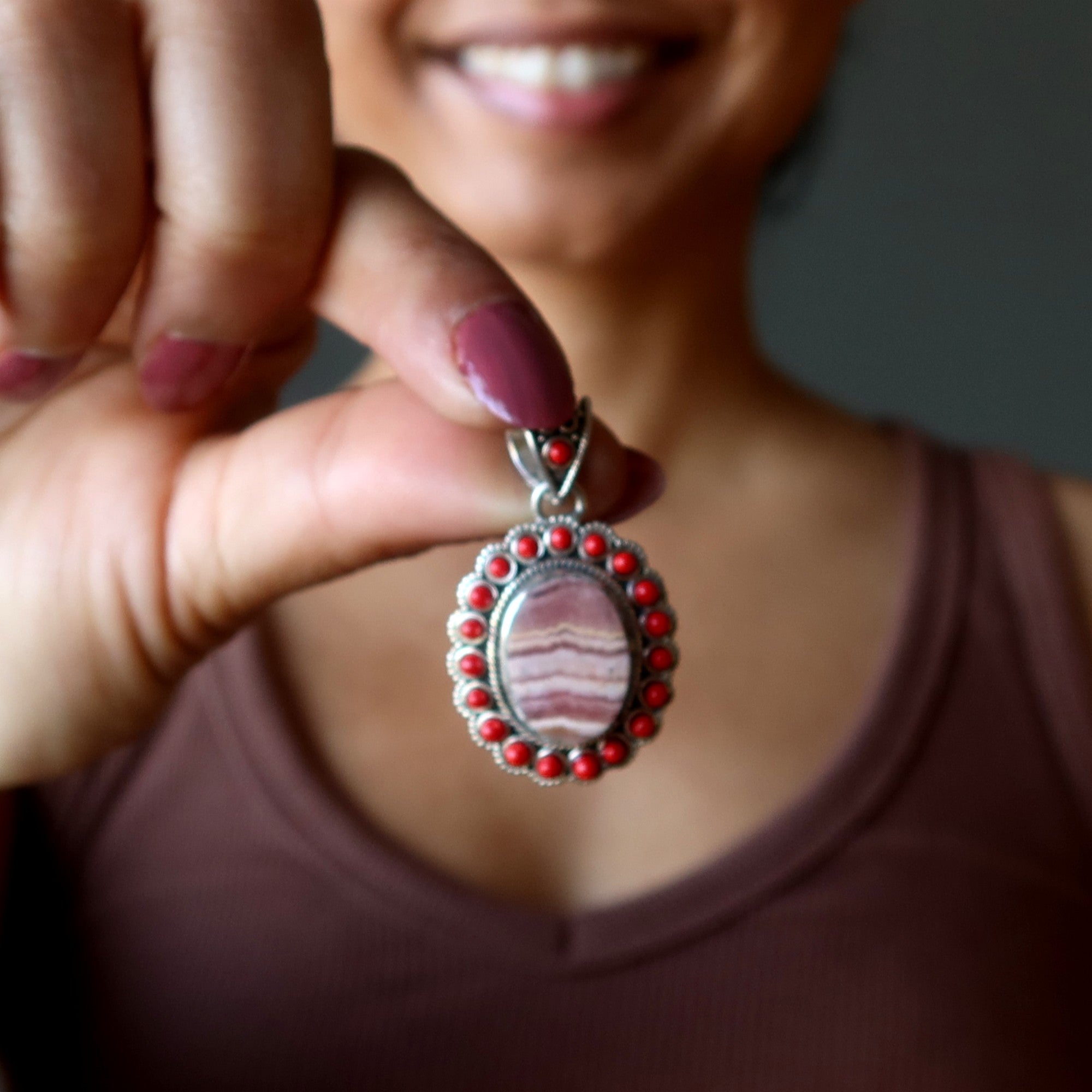 Rhodochrosite Pendant Red Coral Sterling Silver