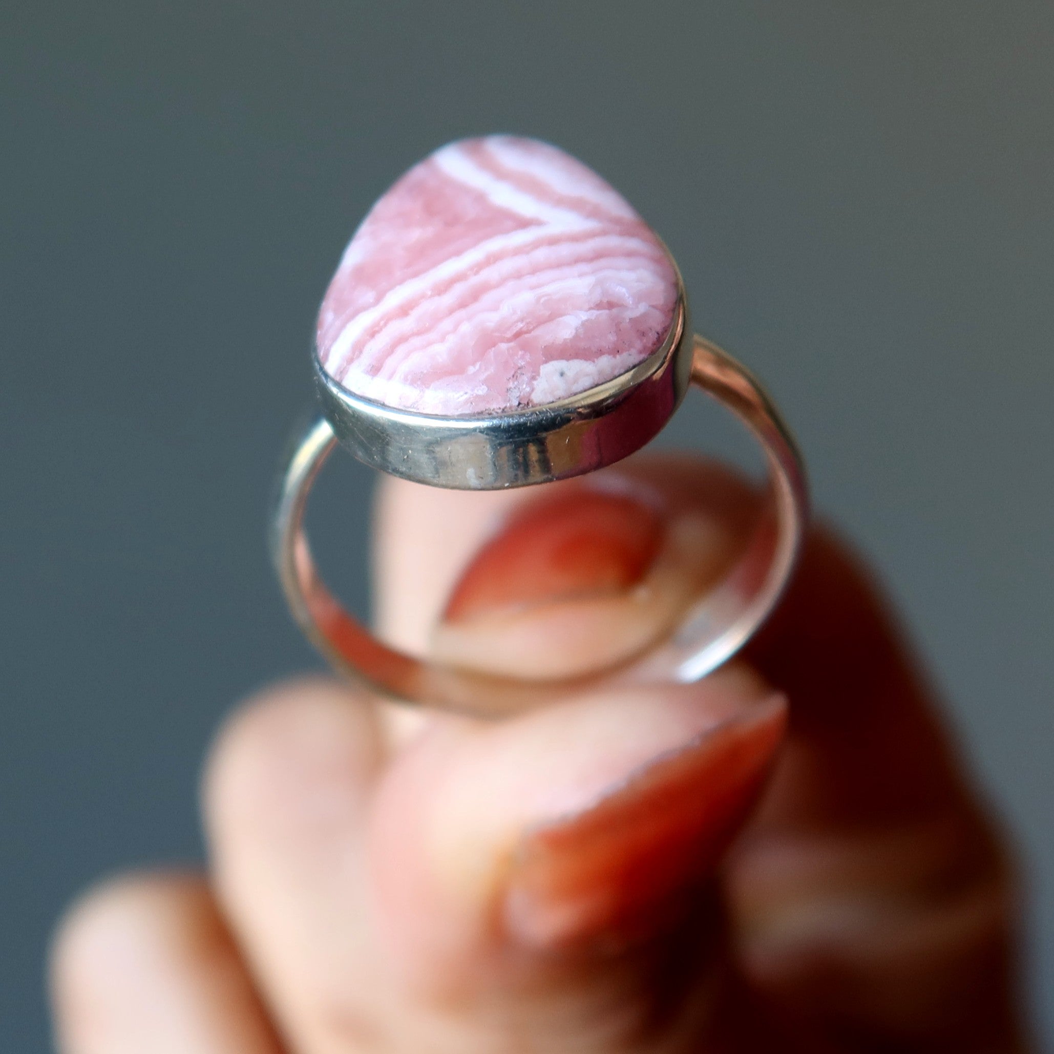 Rhodochrosite Ring Teardrop of Joy Sterling Silver Size 10