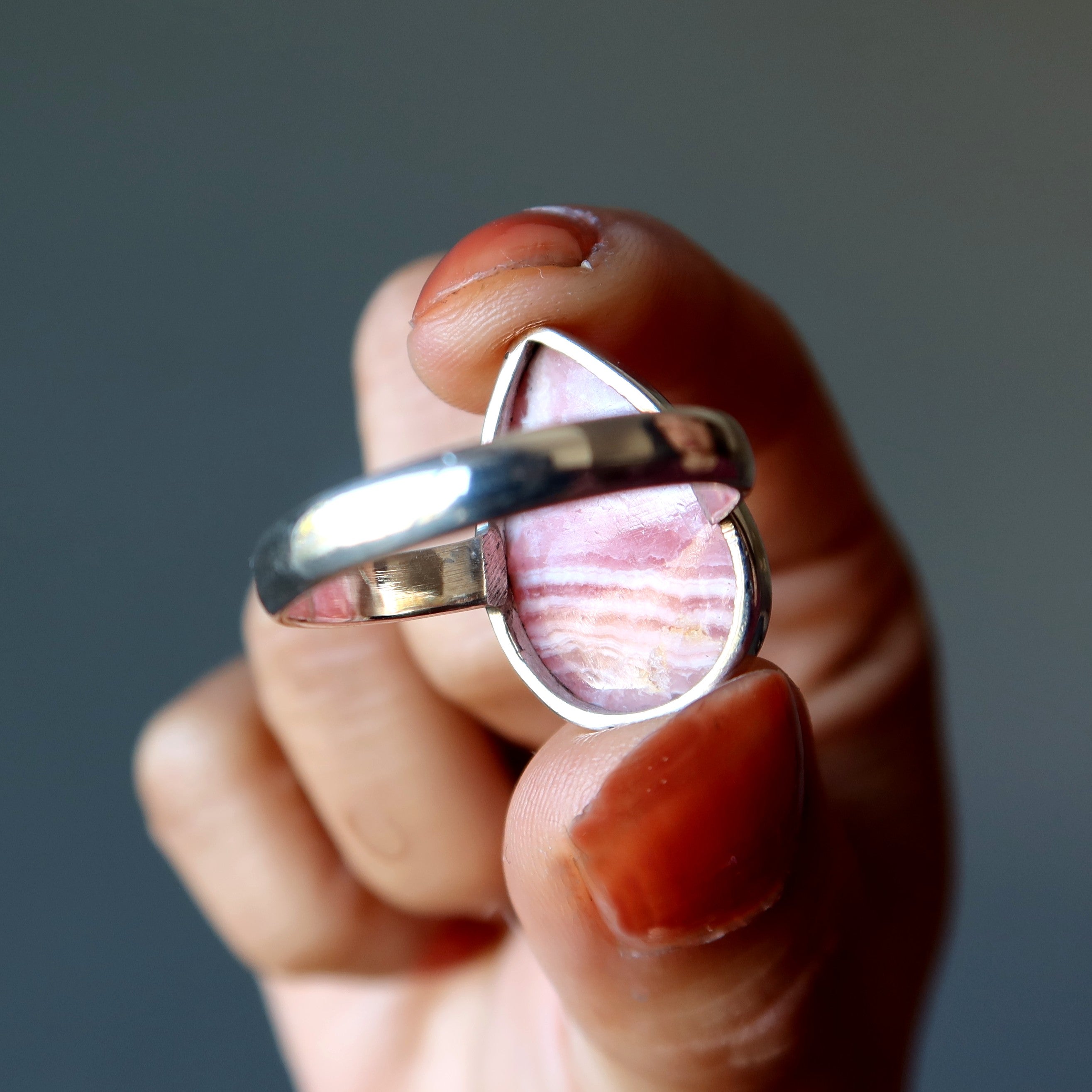 Rhodochrosite Ring Teardrop of Joy Sterling Silver Size 10