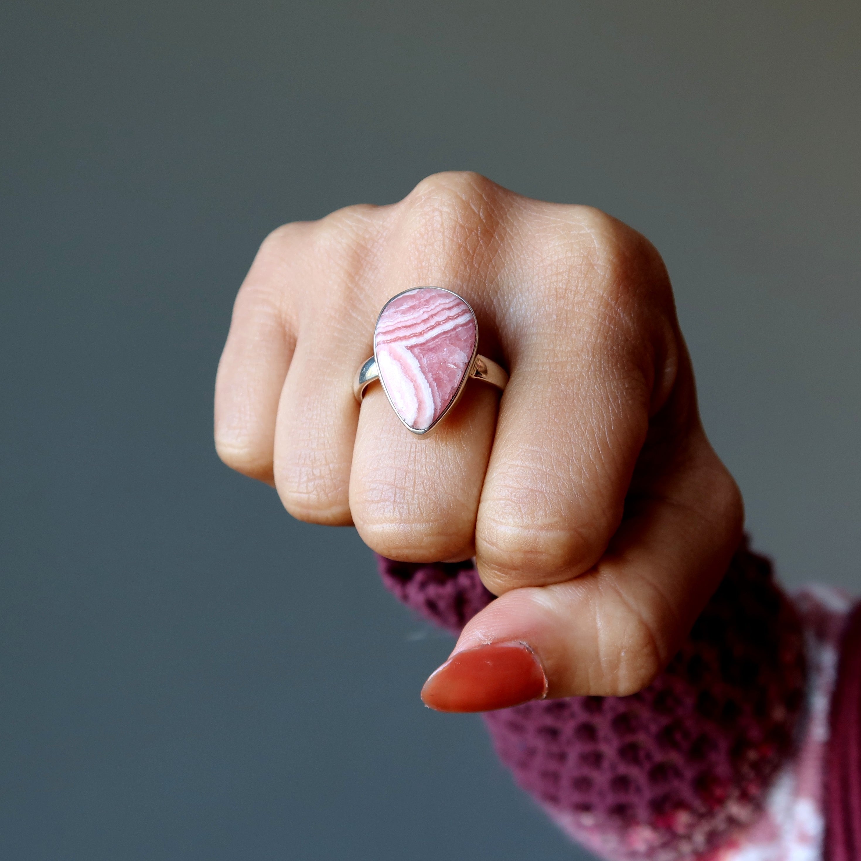 Rhodochrosite Ring Teardrop of Joy Sterling Silver Size 10
