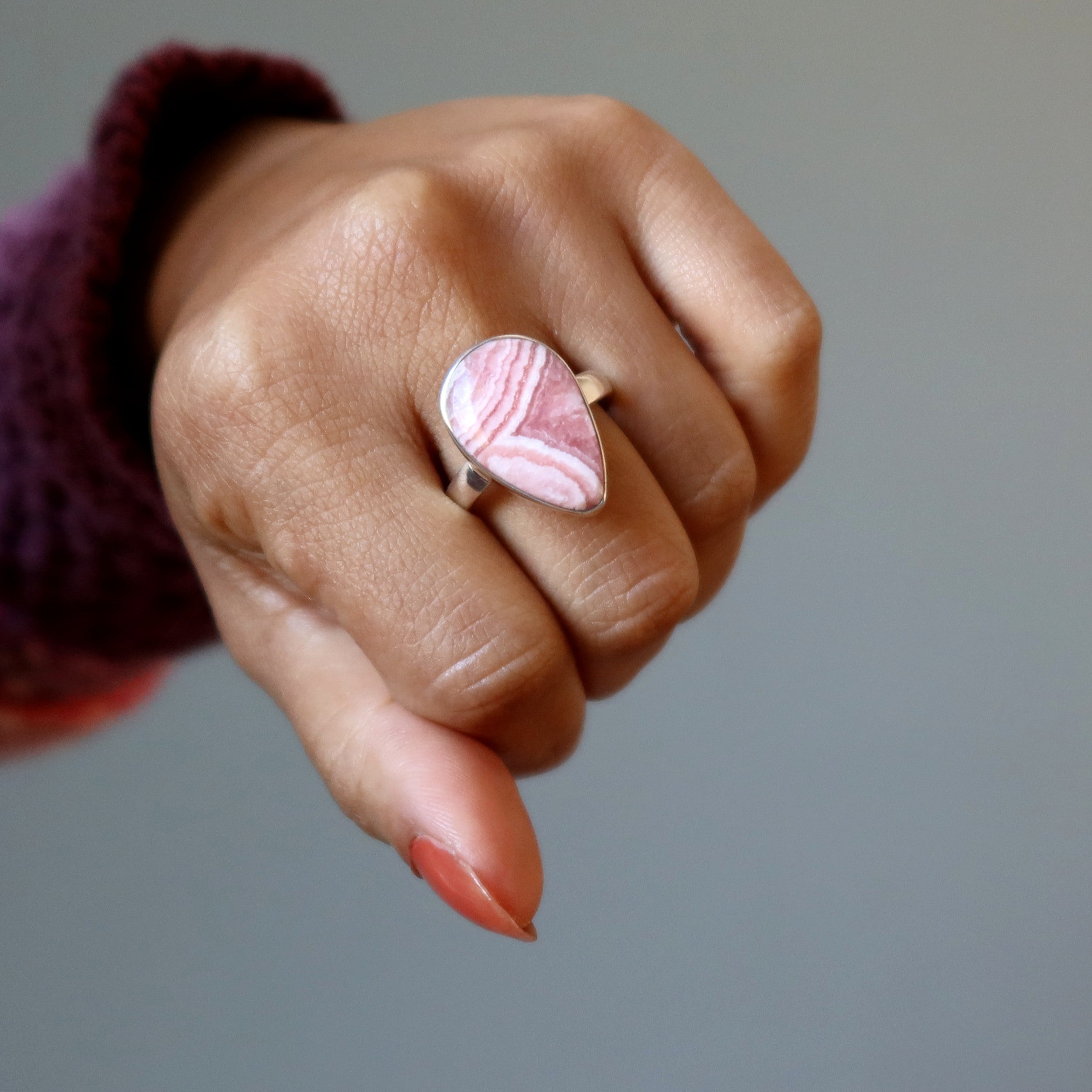 Rhodochrosite Ring Teardrop of Joy Sterling Silver Size 10