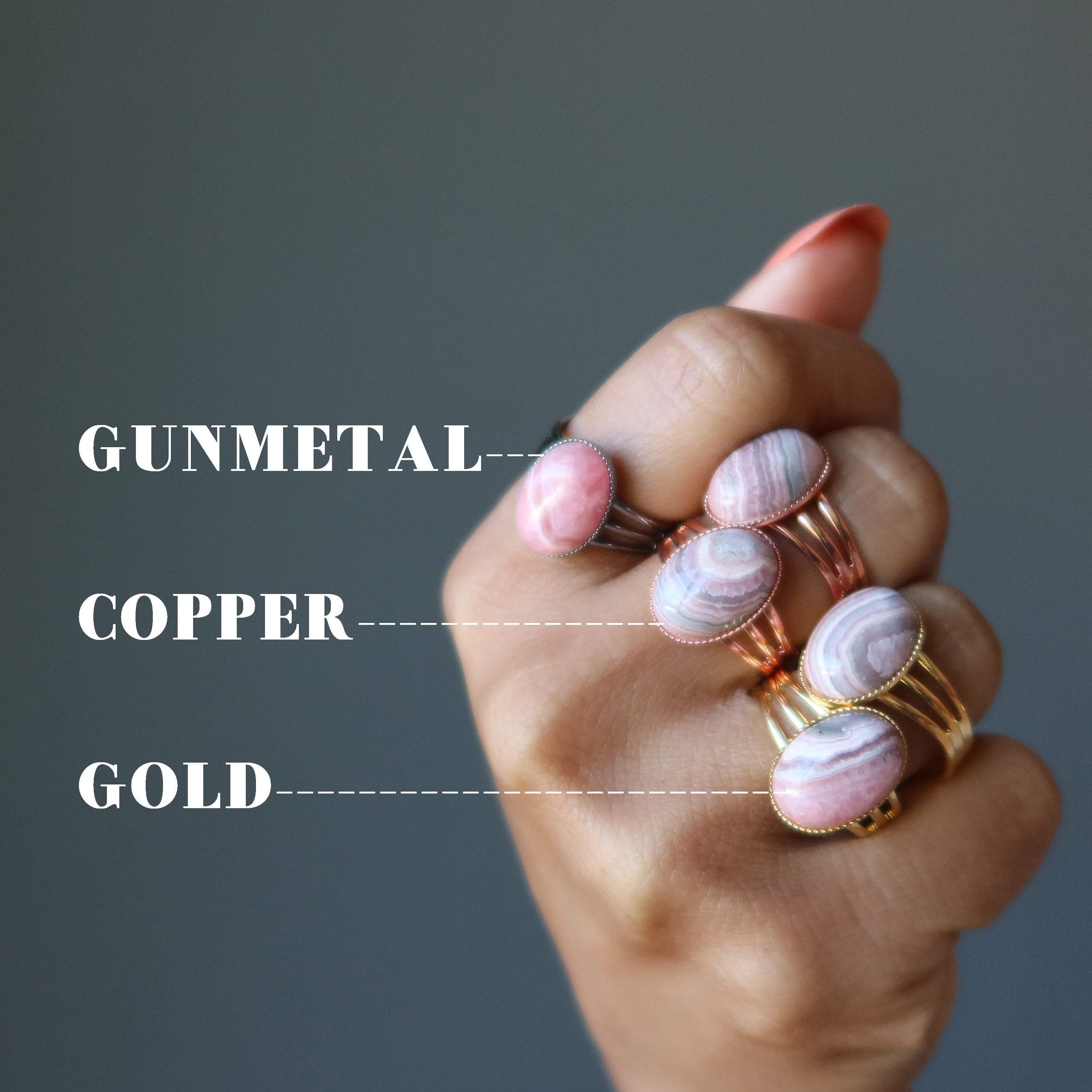 Rhodochrosite Ring Lovely Gunmetal Adjustable