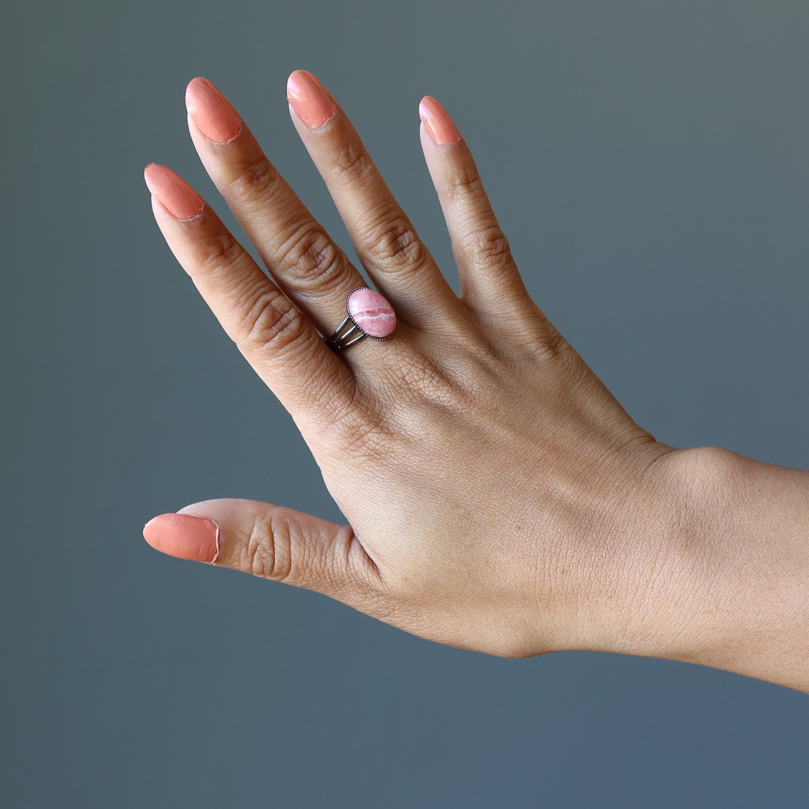 Rhodochrosite Ring Lovely Gunmetal Adjustable