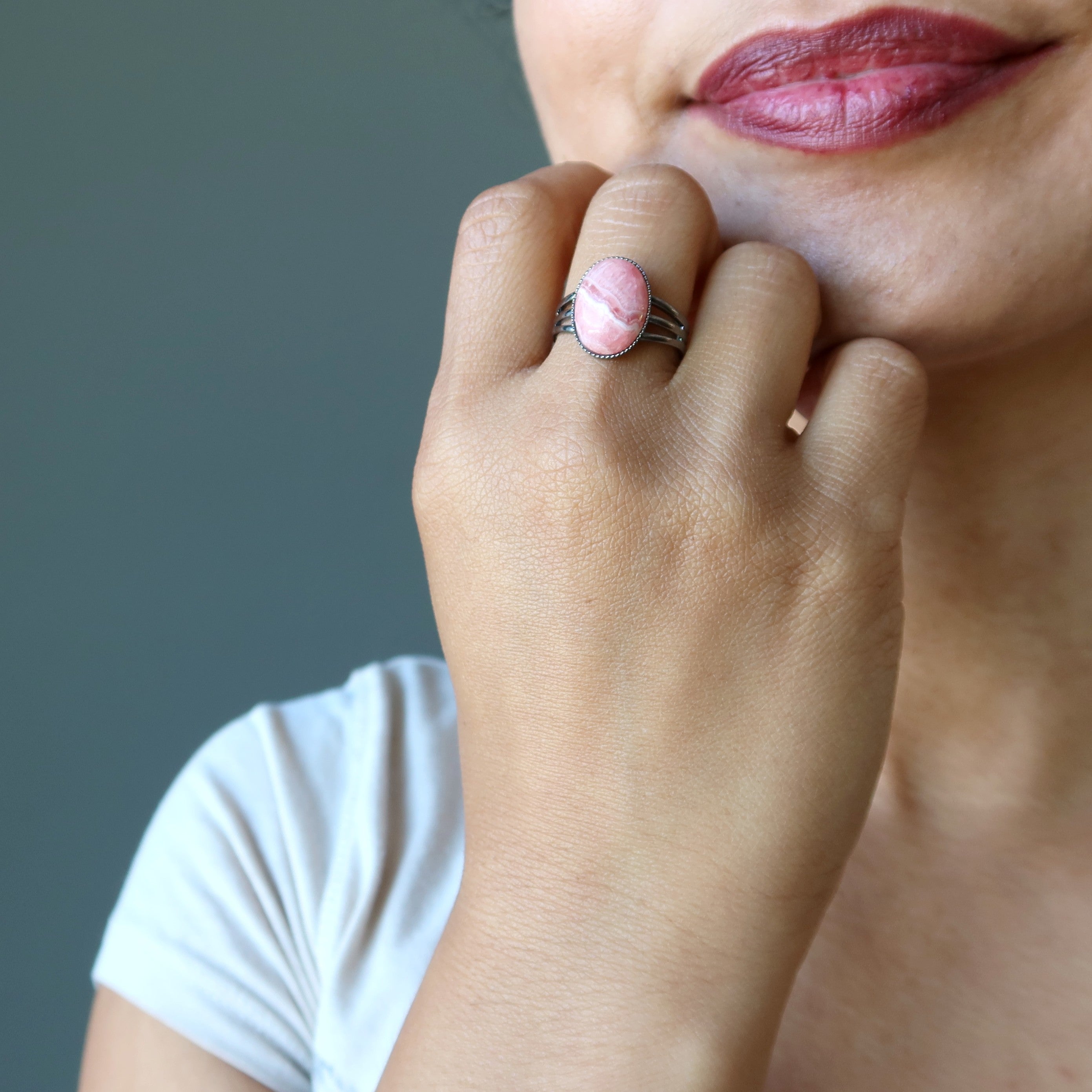 Rhodochrosite Ring Lovely Gunmetal Adjustable