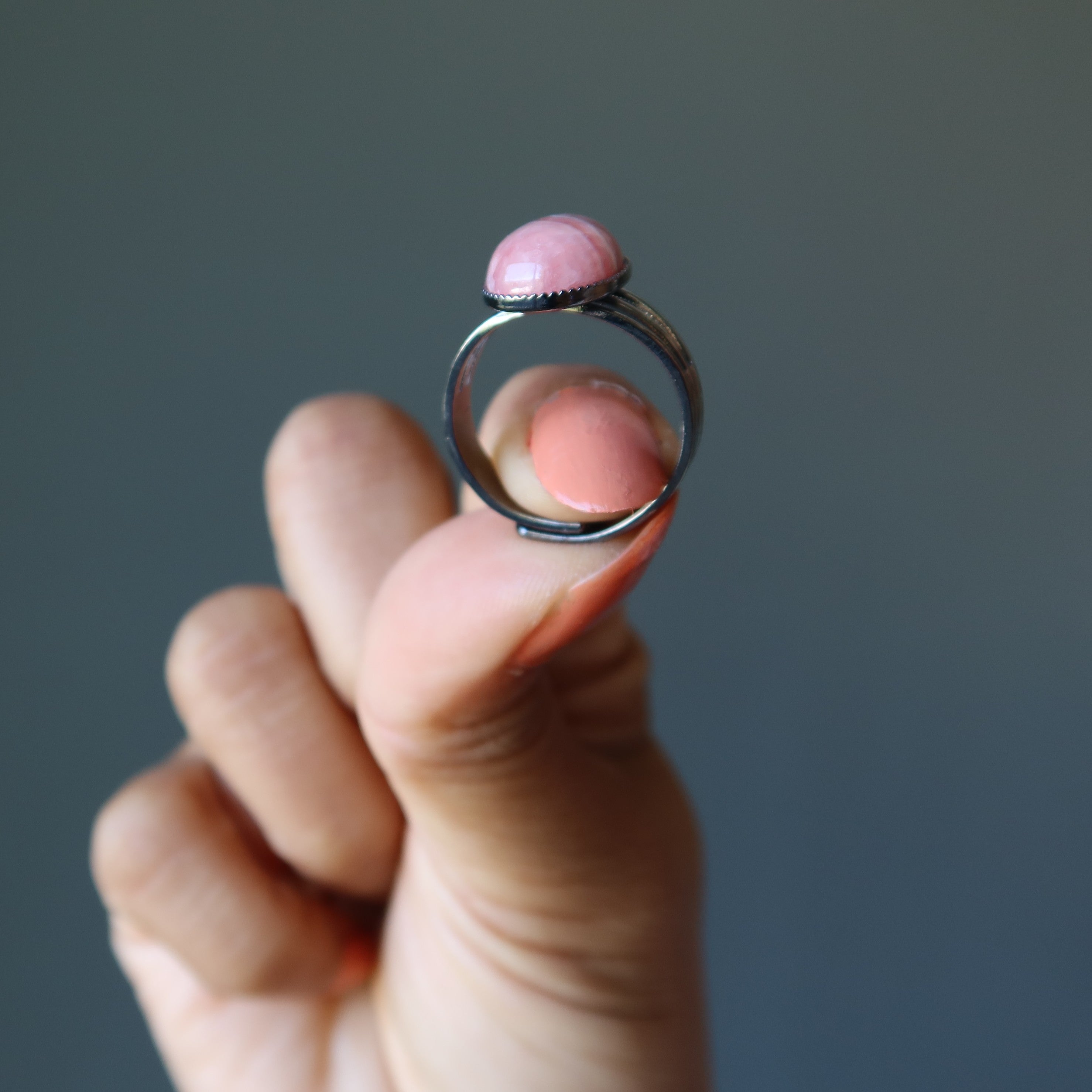 Rhodochrosite Ring Lovely Gunmetal Adjustable