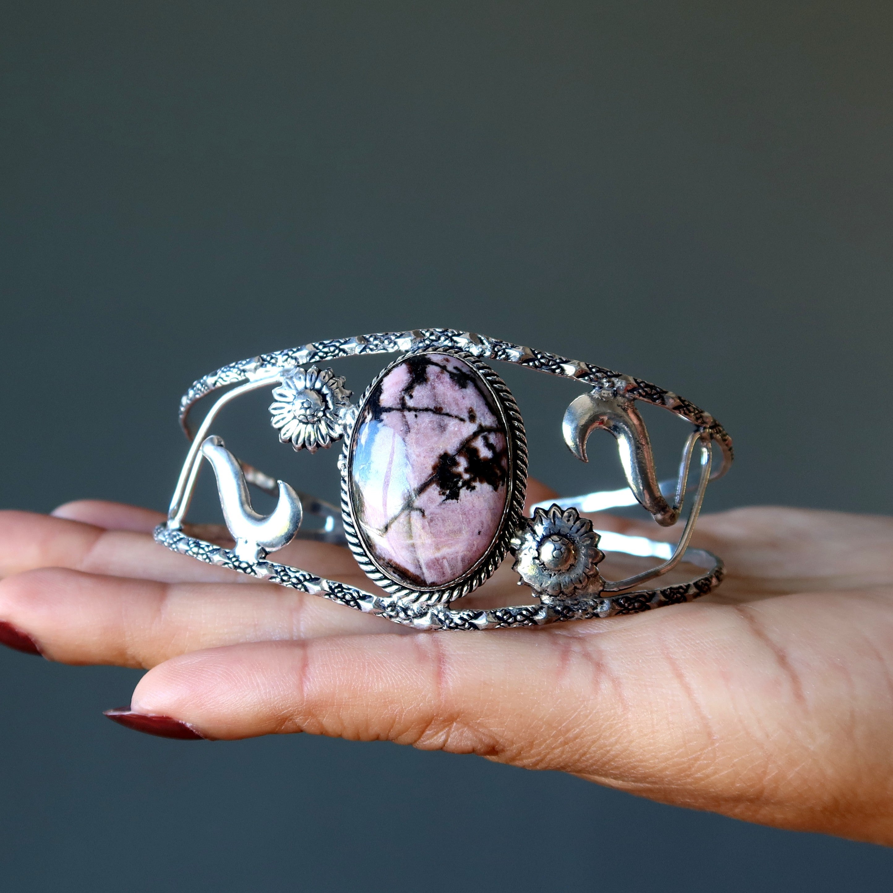 Rhodonite Bracelet Cuff Pink Flowers Sterling Silver