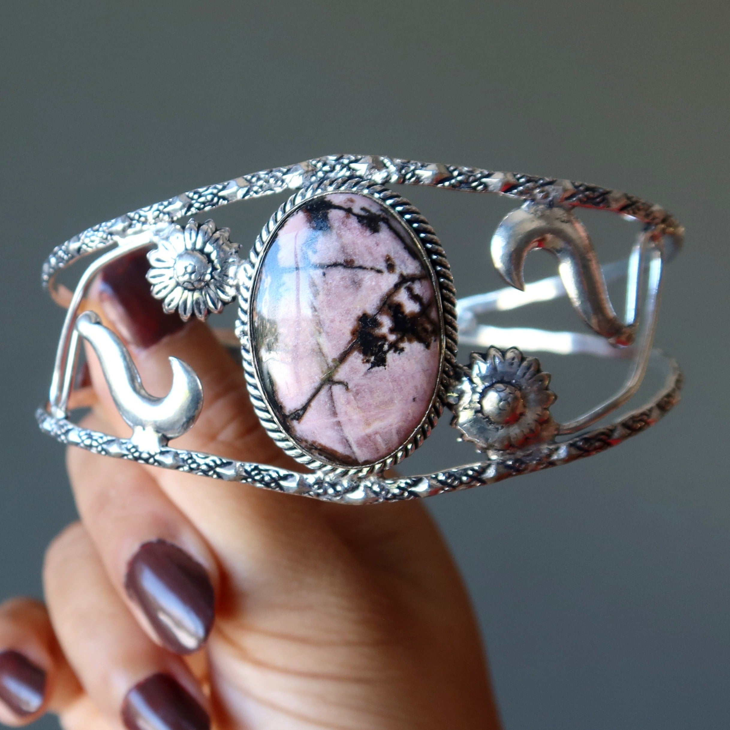 Rhodonite Bracelet Cuff Pink Flowers Sterling Silver