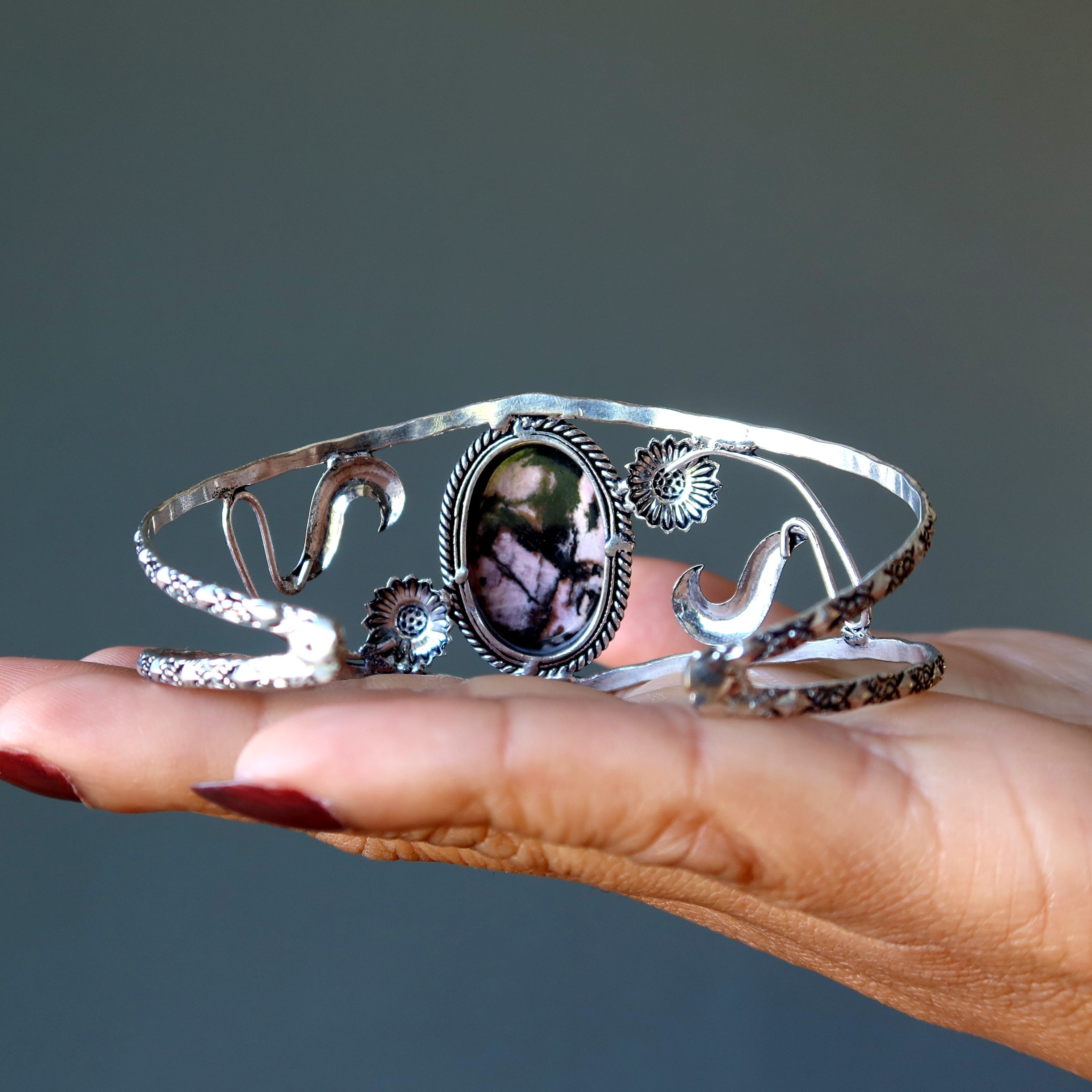 Rhodonite Bracelet Cuff Pink Flowers Sterling Silver