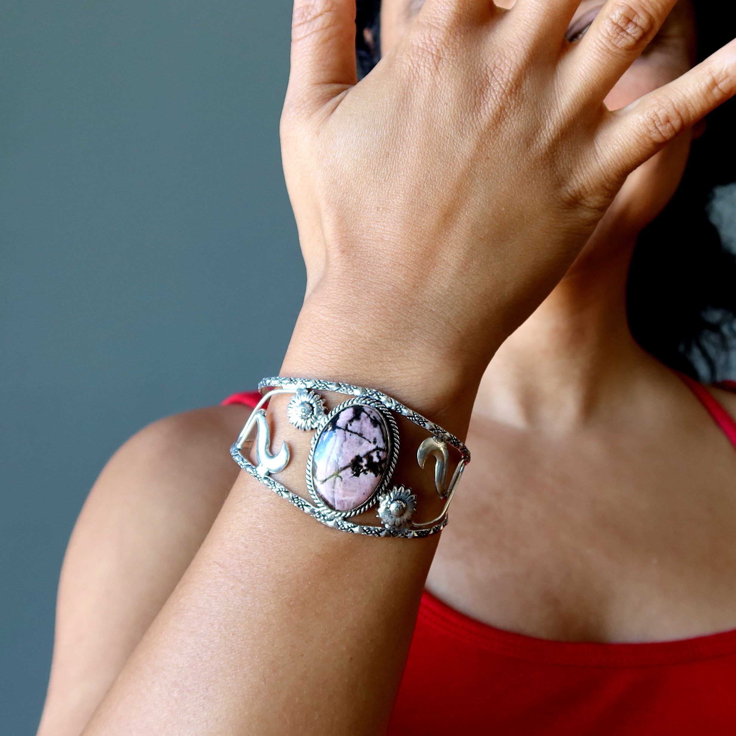 Rhodonite Bracelet Cuff Pink Flowers Sterling Silver