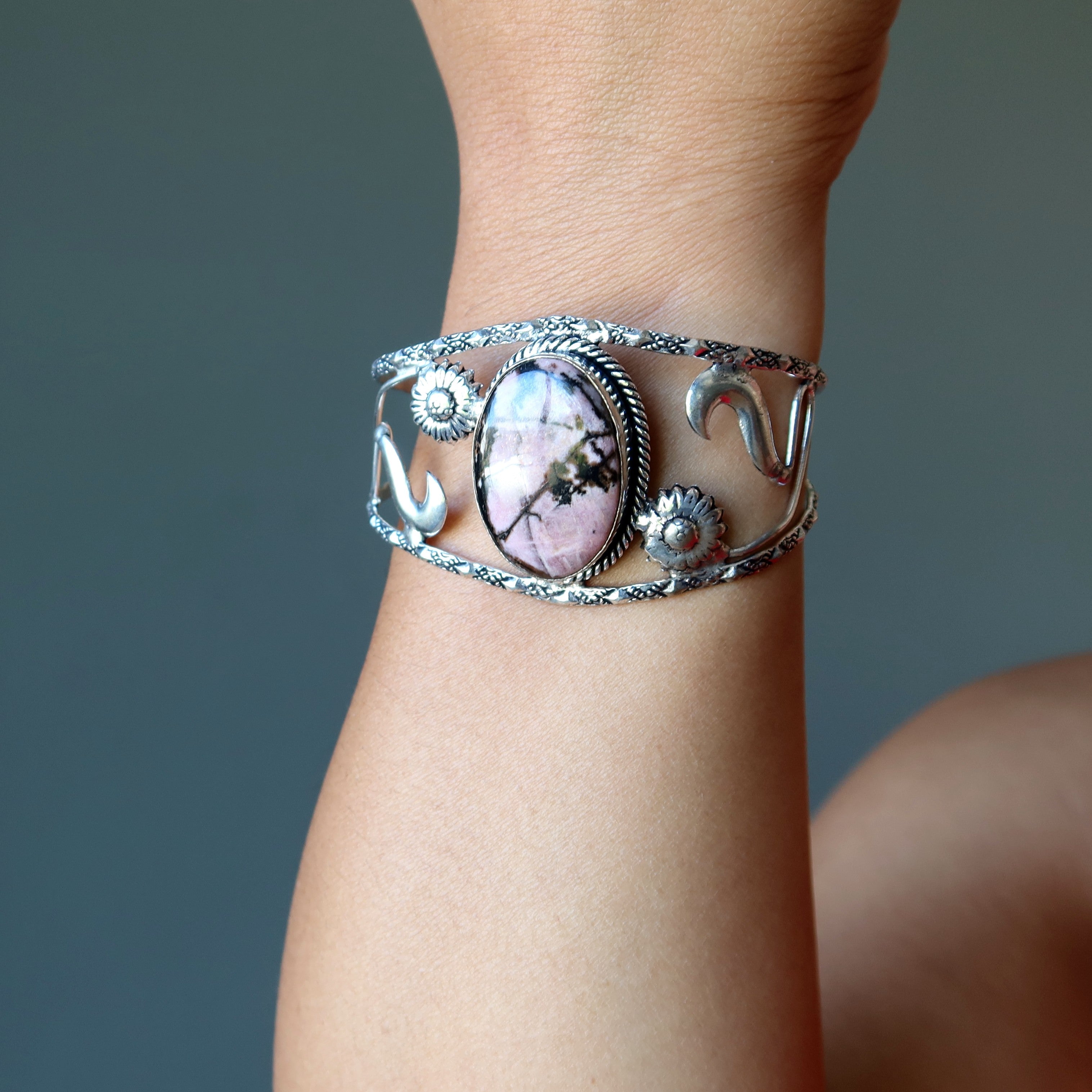 Rhodonite Bracelet Cuff Pink Flowers Sterling Silver