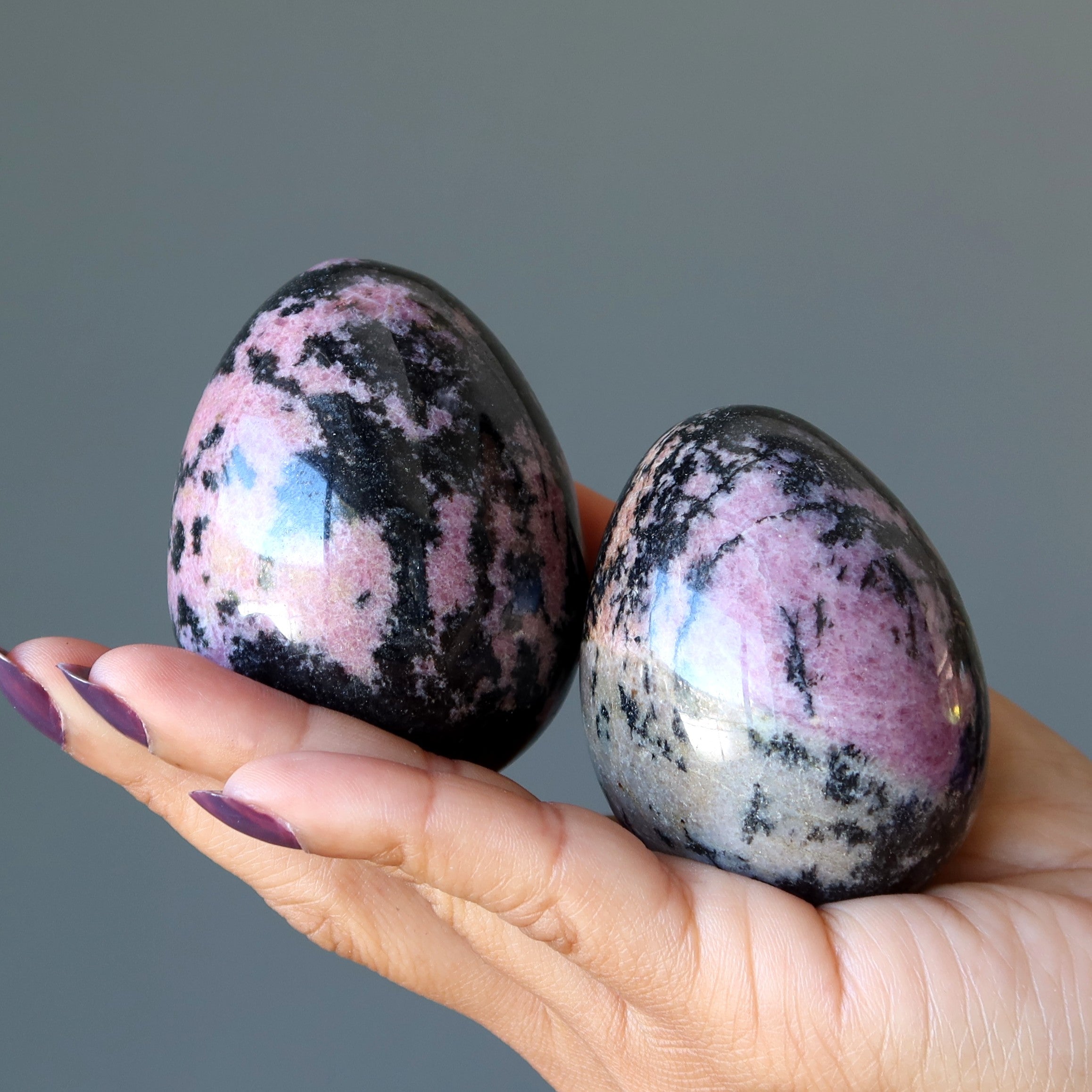Œuf de rhodonite, cristaux nourrissants roses et noirs en dentelles de l'amour
