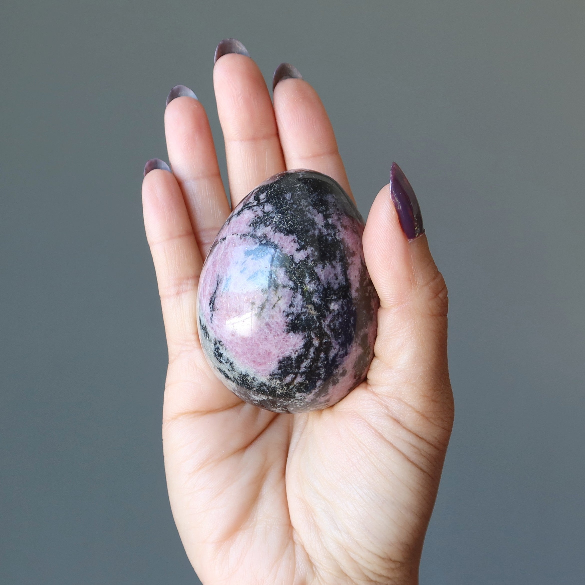 Œuf de rhodonite, cristaux nourrissants roses et noirs en dentelles de l'amour