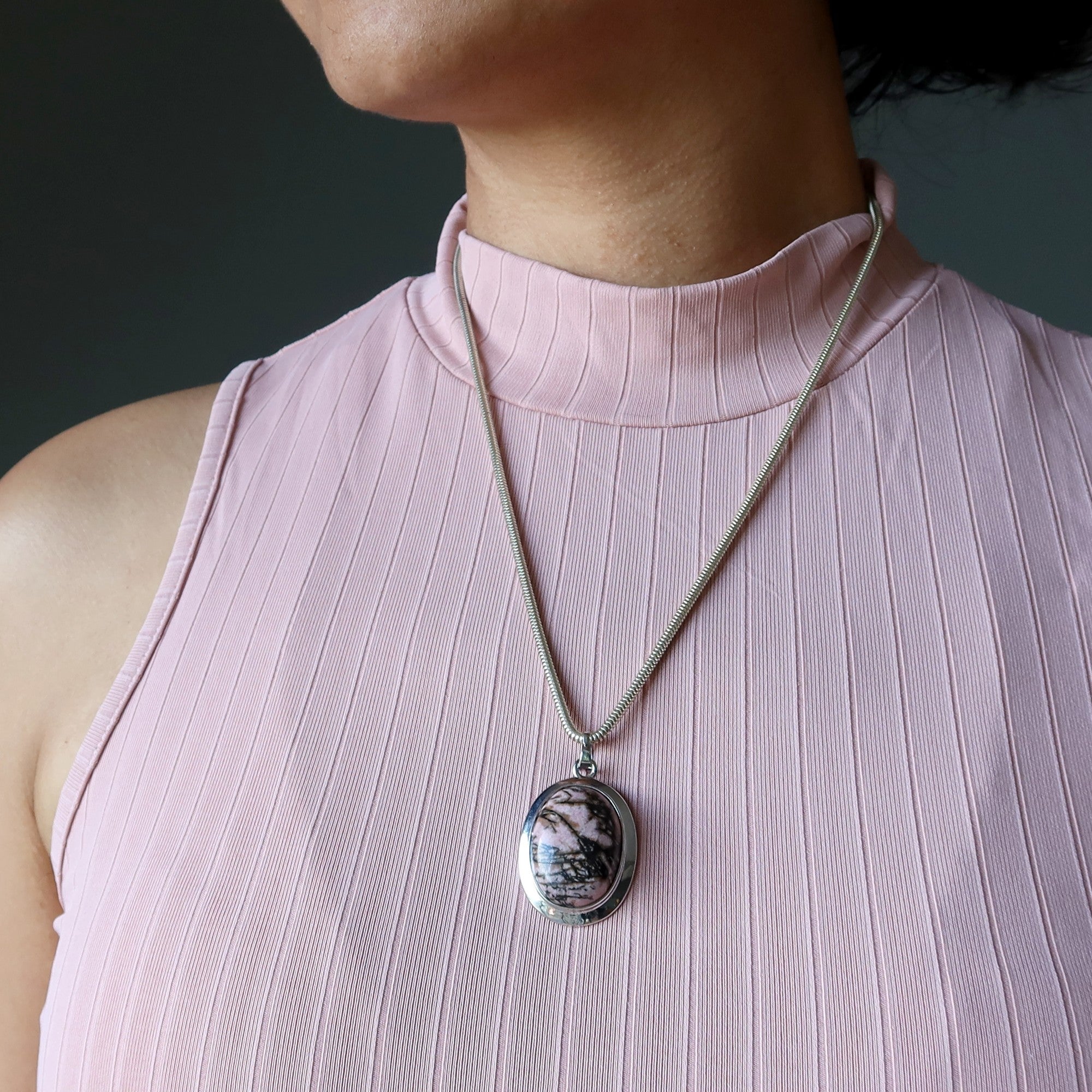 Rhodonite Necklace Self-Acceptance Pendant Brass
