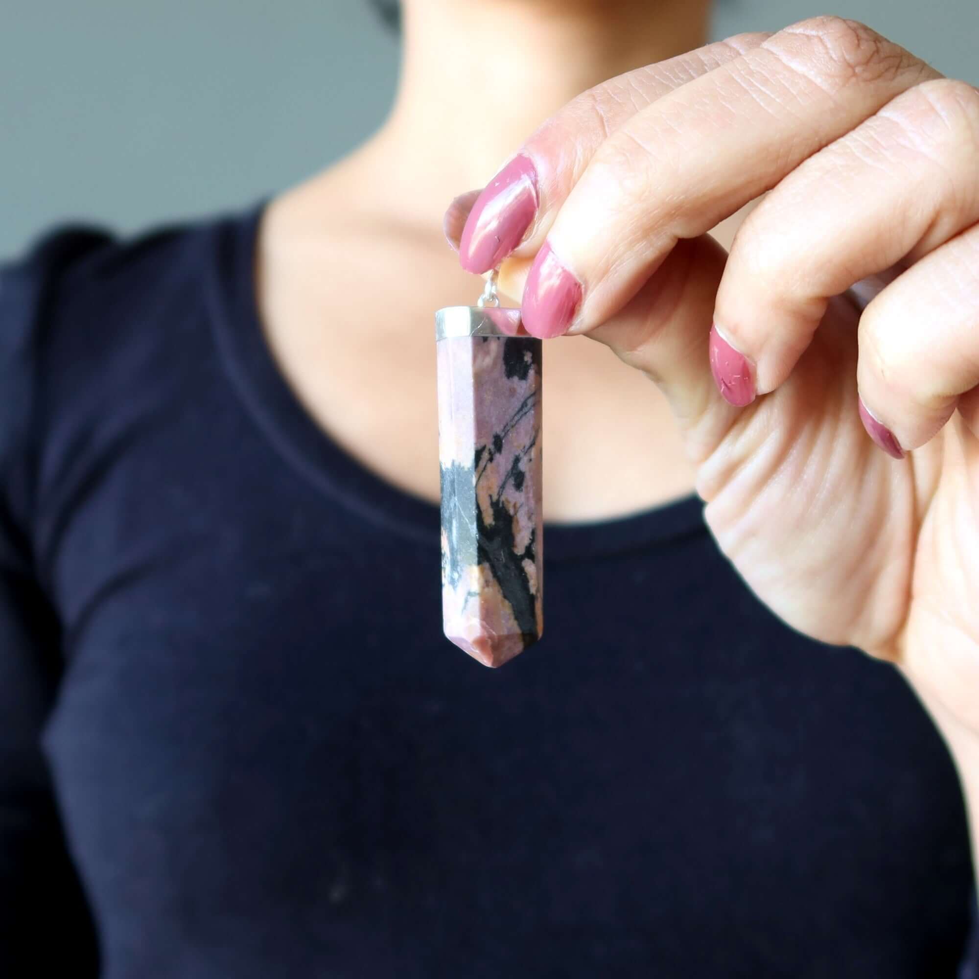 Rhodonite Pendant Pink Point Love Stone Sterling Silver