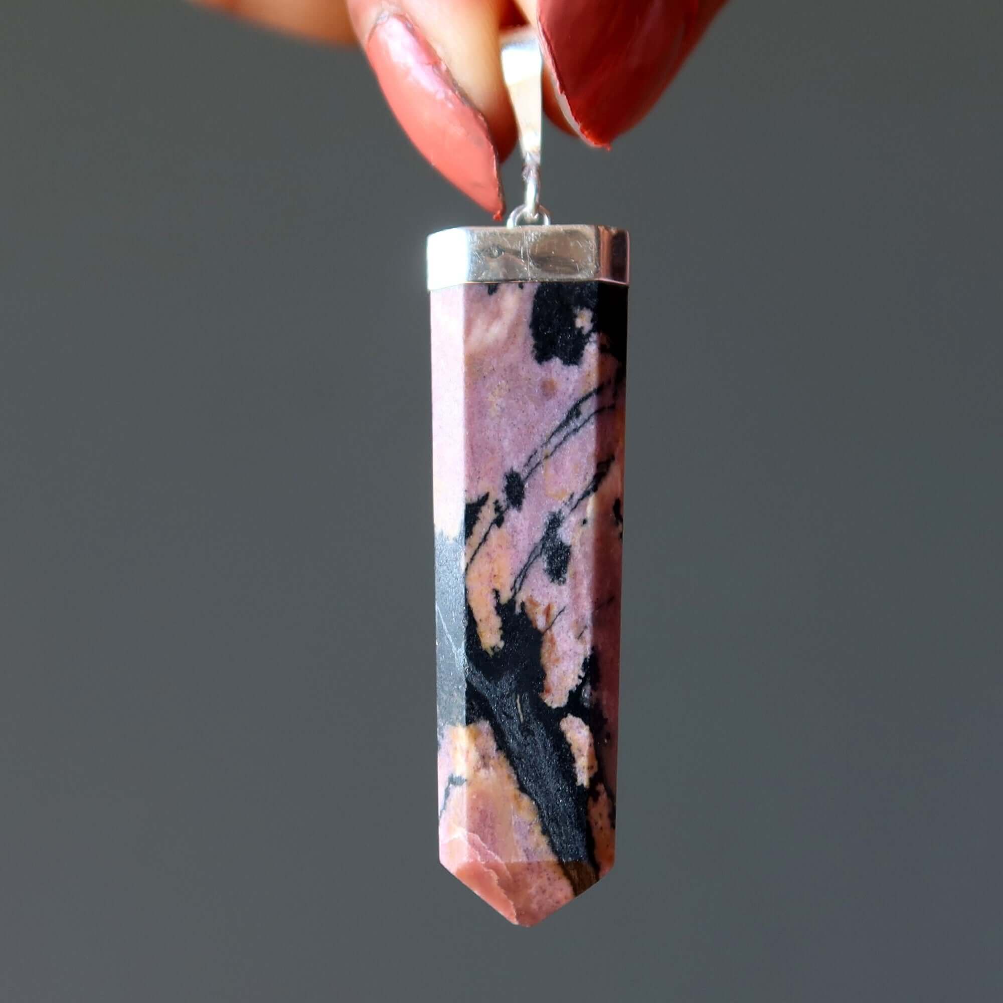 Rhodonite Pendant Pink Point Love Stone Sterling Silver