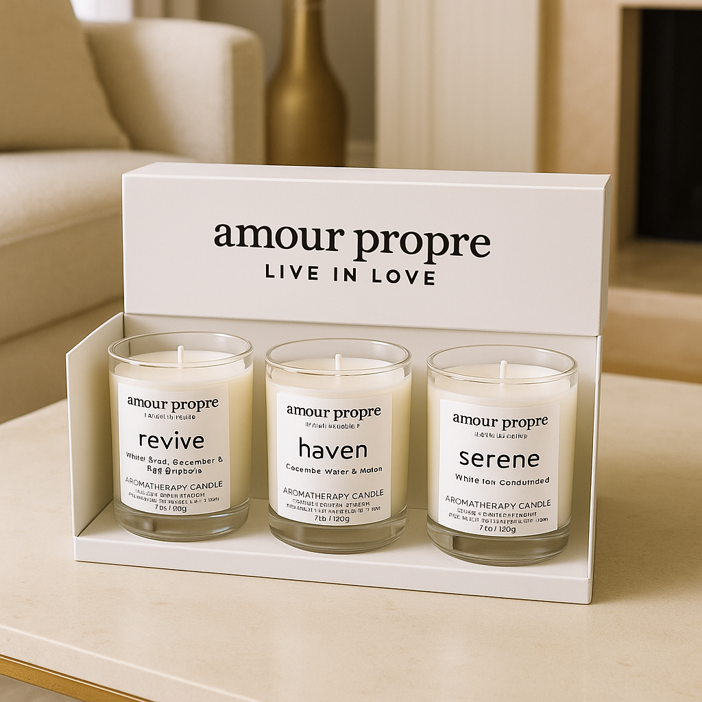Amour Propre Aromatherapy-Kollektion Trio – Sojawachs-Kerzen Serene, Haven, Revive