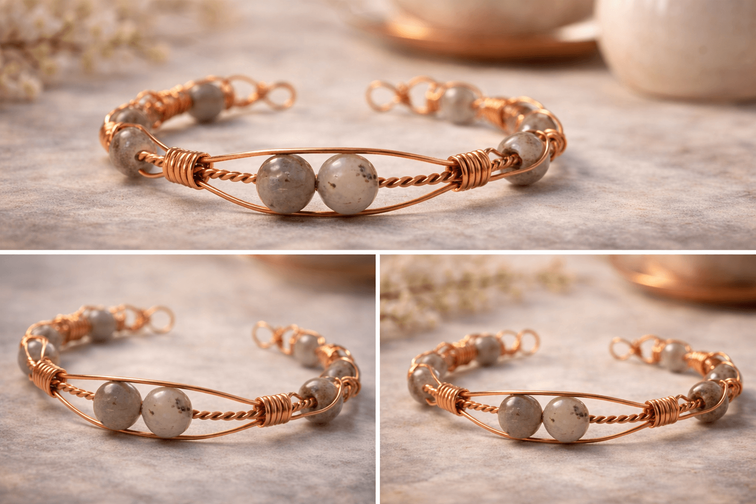 Bracelet manchette en cuivre et labradorite, fait main – Pierre naturelle