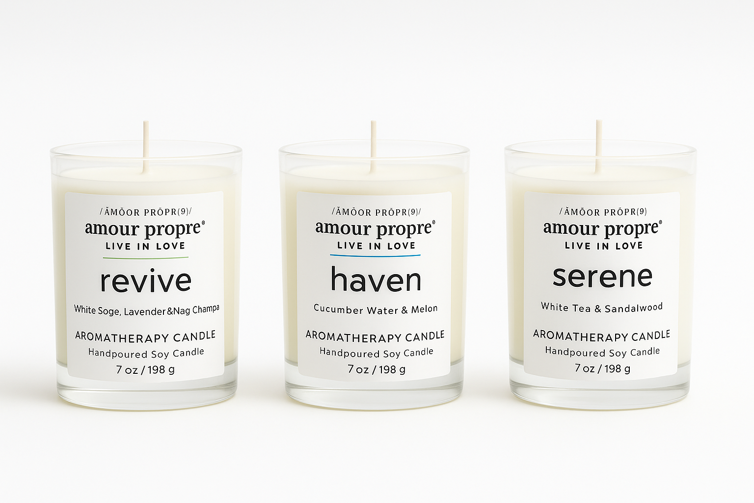 Amour Propre Aromatherapy-Kollektion Trio – Sojawachs-Kerzen Serene, Haven, Revive