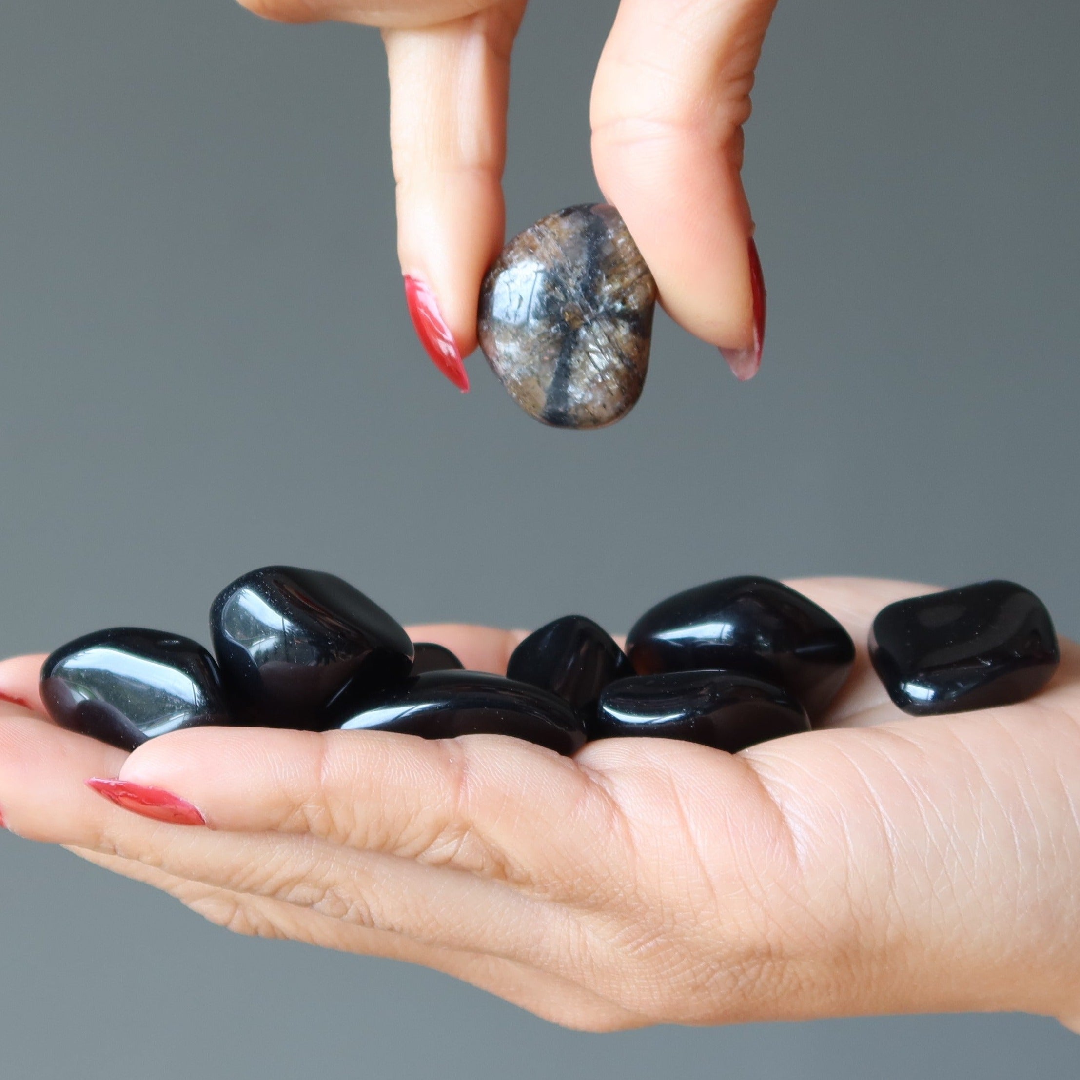 Tumbled Stone Set Root Chakra Black Obsidian Chiastolite