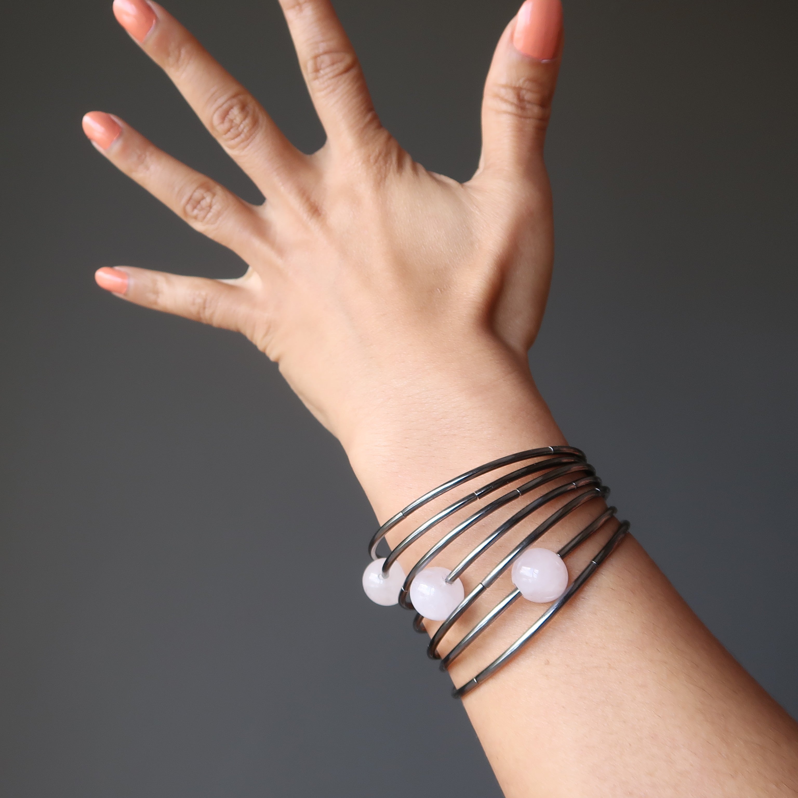 Rose Quartz Bracelet Love Whirl Memory Wire Coil