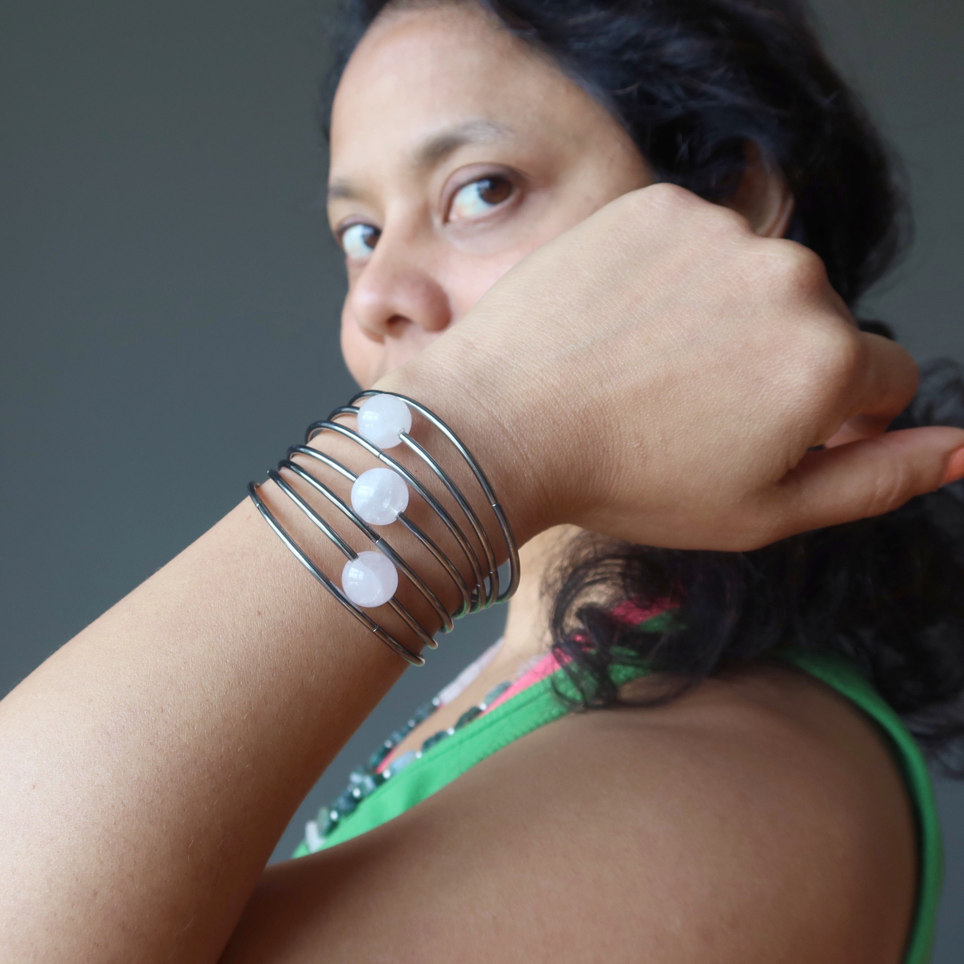 Rose Quartz Bracelet Love Whirl Memory Wire Coil
